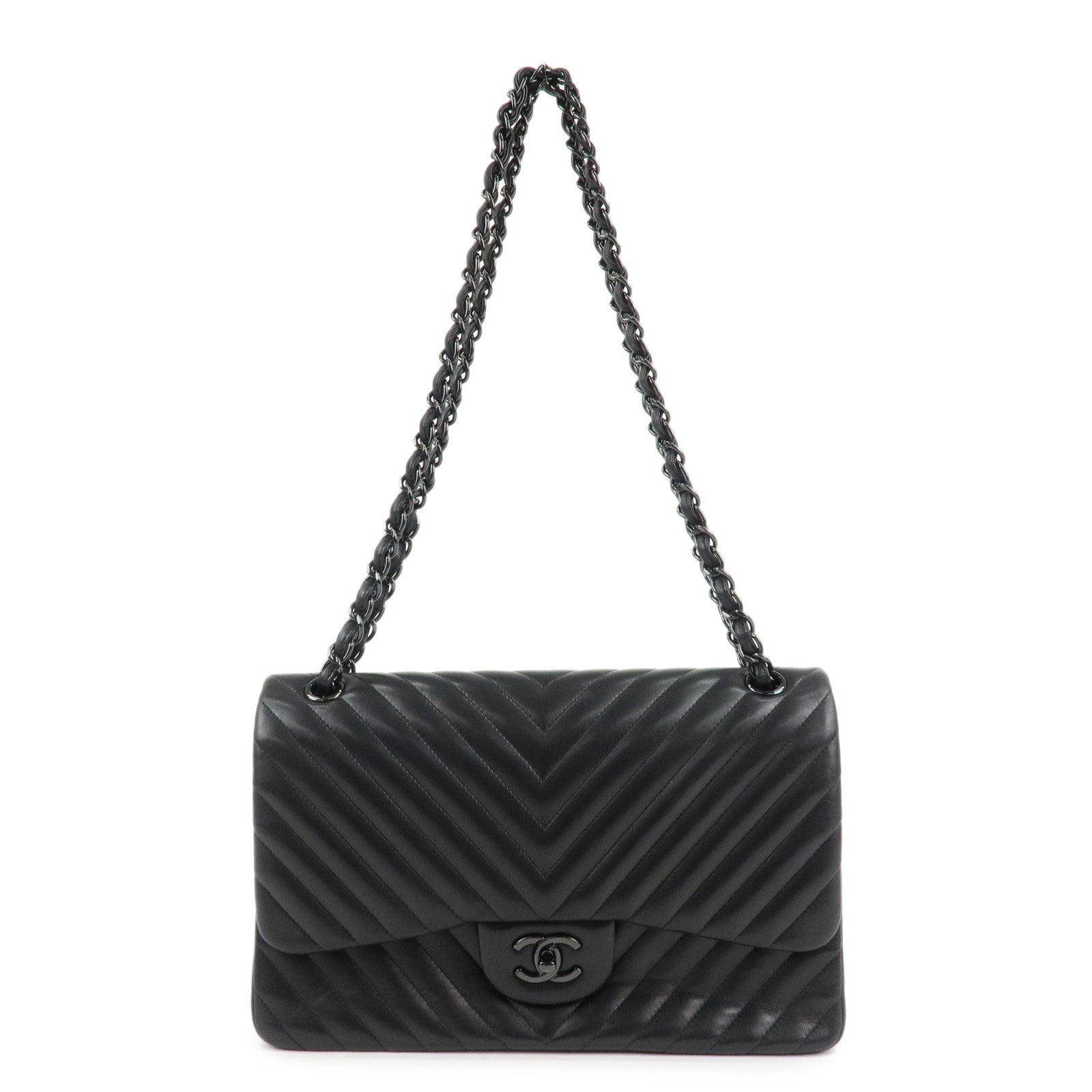 CHANEL-Lamb-Skin-V-Stich-Chevron-W-Flap-Chain-Shoulder-Bag