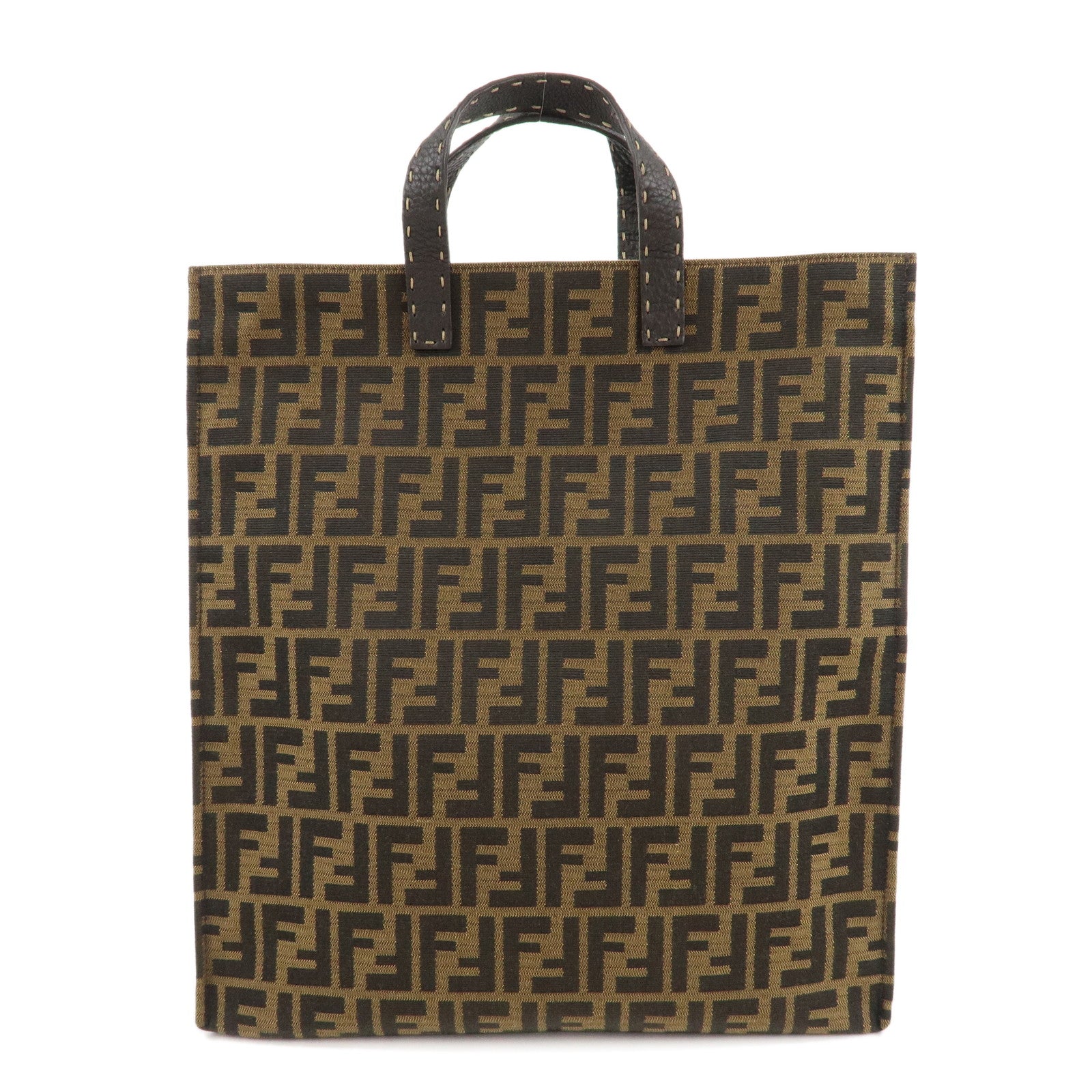 FENDI-Zucca-Seleria-Canvas-Leather-Tote-Bag-Brown-Black-8BH173