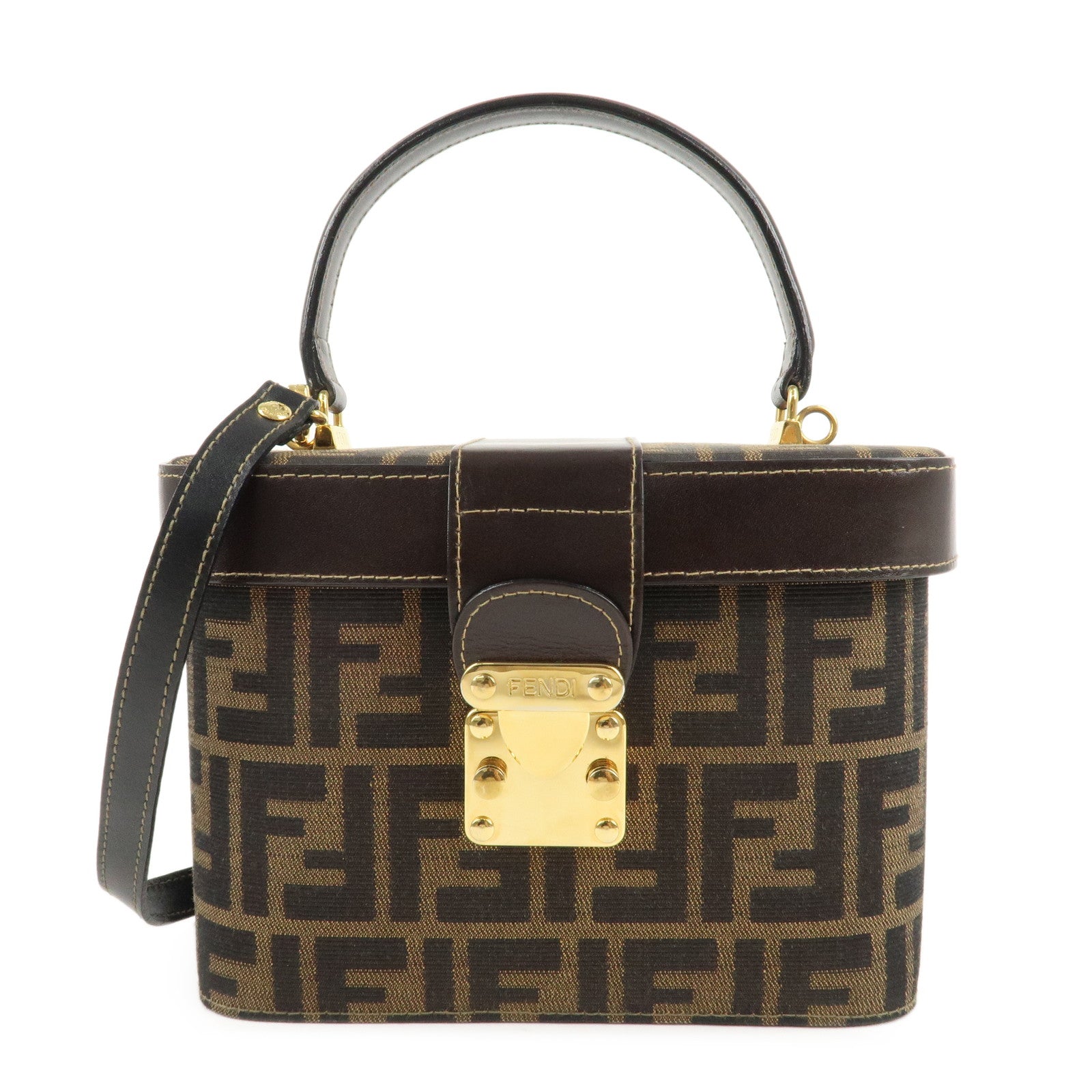 FENDI-Zucca-Canvas-Leather-2Way-Vanity-Bag-Brown-Black-914931