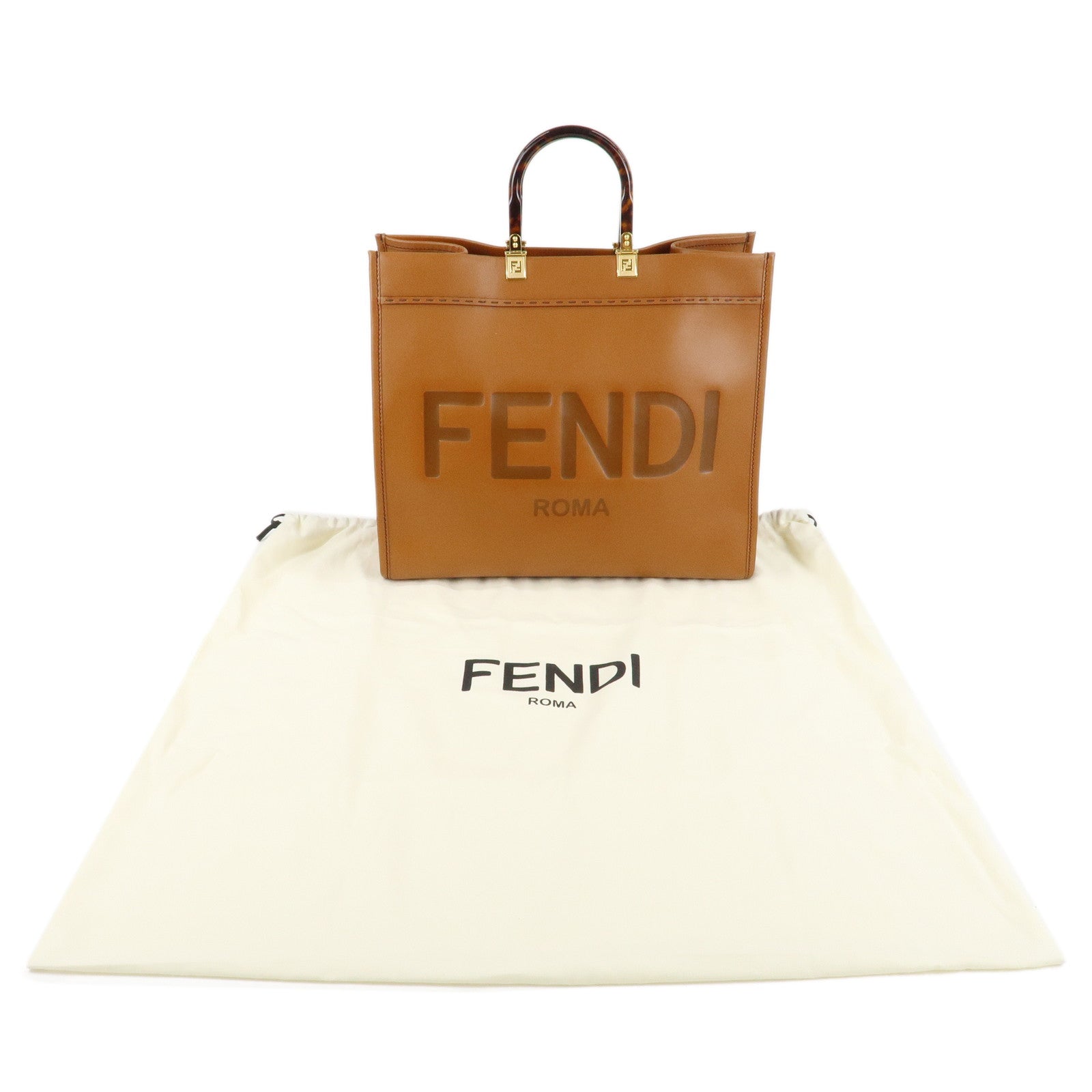 FENDI Leather Sunshine Large Tote Bag Hand Bag Brown 8BH372 Used