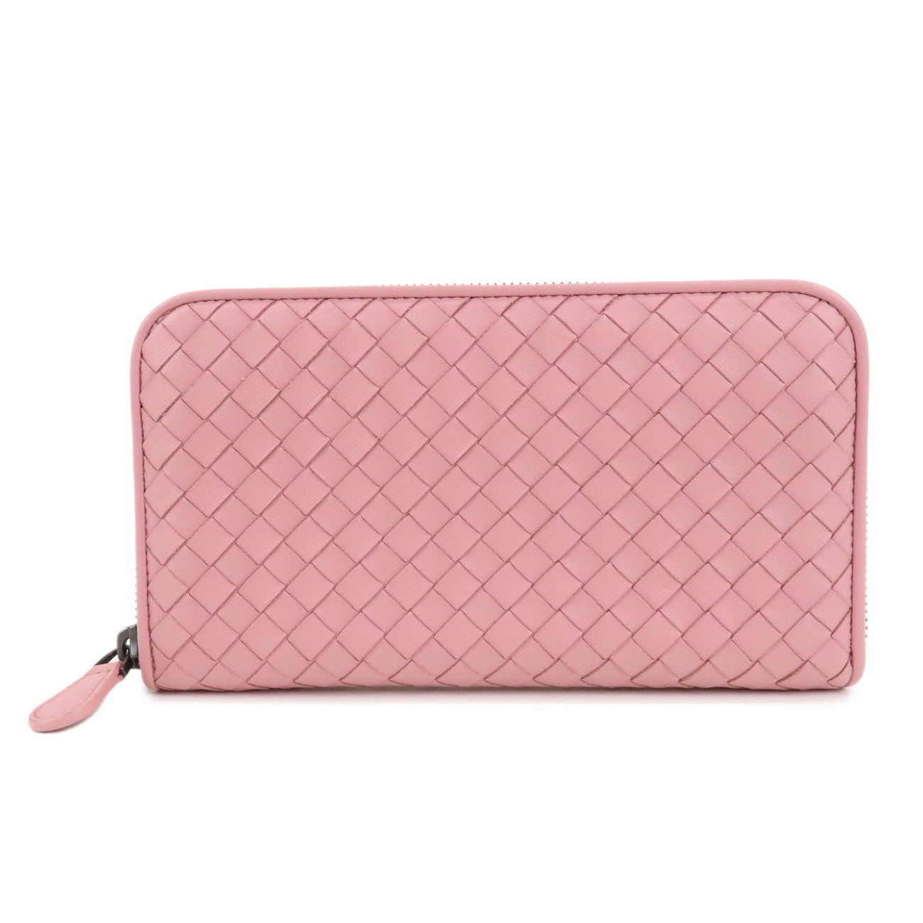 BOTTEGA-VENETA-Intrecciato-Leather-Round-Zipper-Wallet-Pink