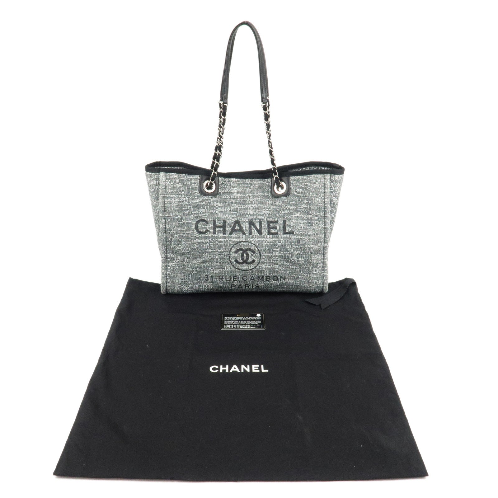 CHANEL Deauville MM Tweed Leather Chain Tote Bag Gray A67001 Used