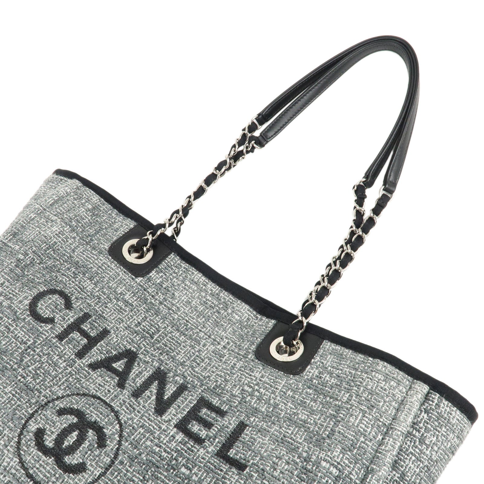 CHANEL Deauville MM Tweed Leather Chain Tote Bag Gray A67001 Used