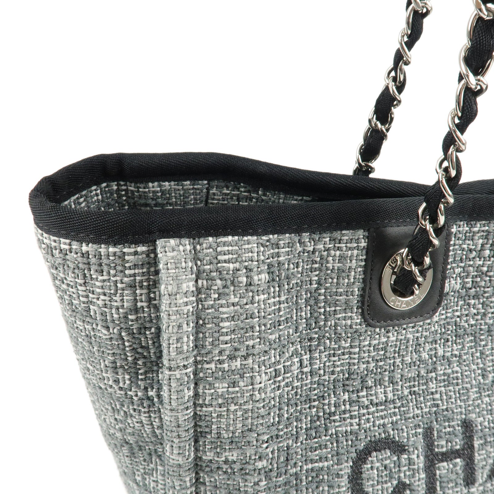 CHANEL Deauville MM Tweed Leather Chain Tote Bag Gray A67001 Used