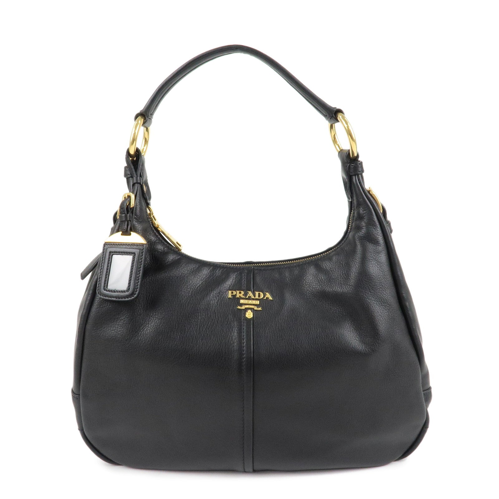 PRADA-Logo-Leather-Shoulder-Bag-Hand-Bag-Black