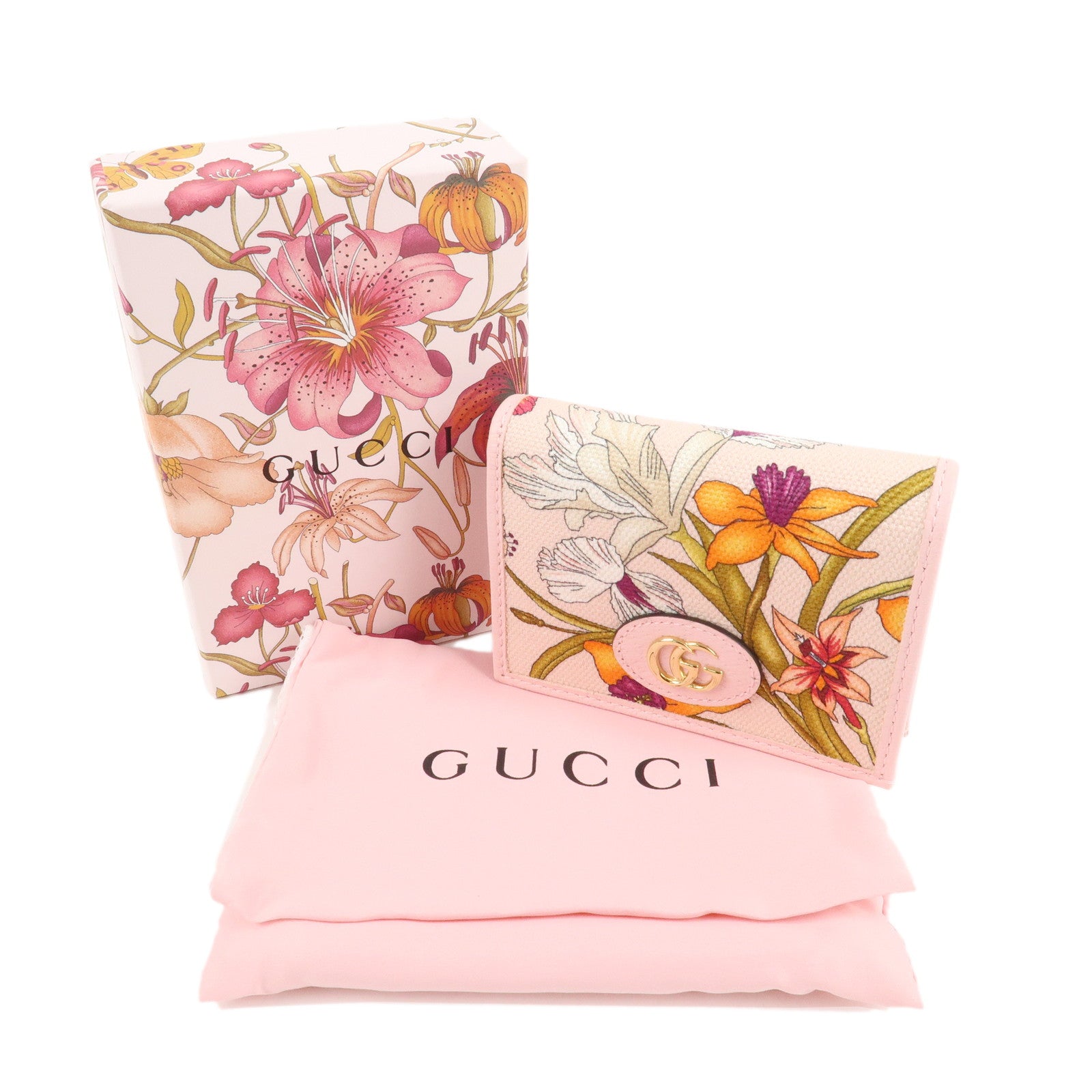 GUCCI GG Marmont Flora Canvas Leather Compact Wallet Pink 577347 Used