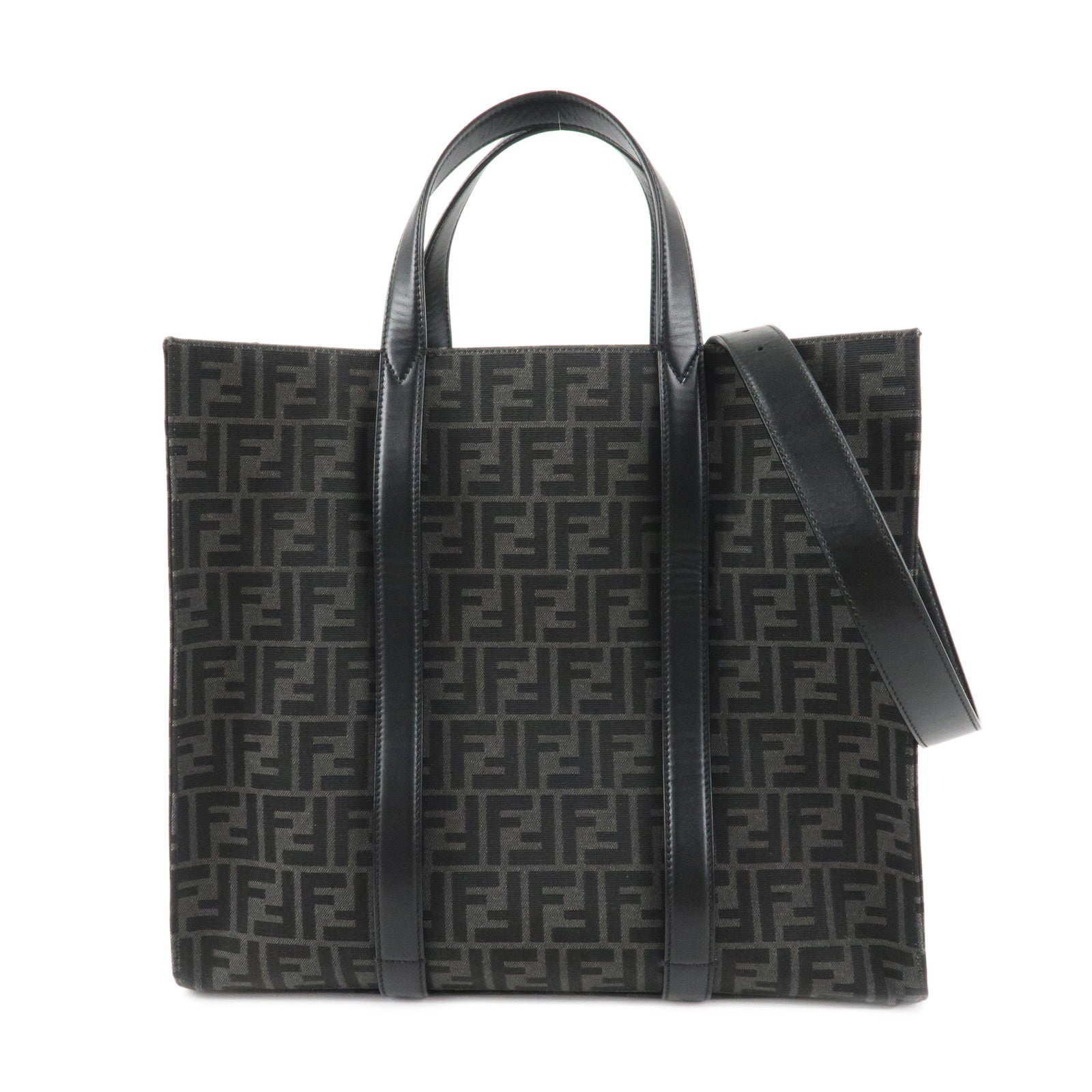 FENDI-Zucca-Canvas-Leather-2Way-Bag-Tote-Bag-Black-Gray-7VA390