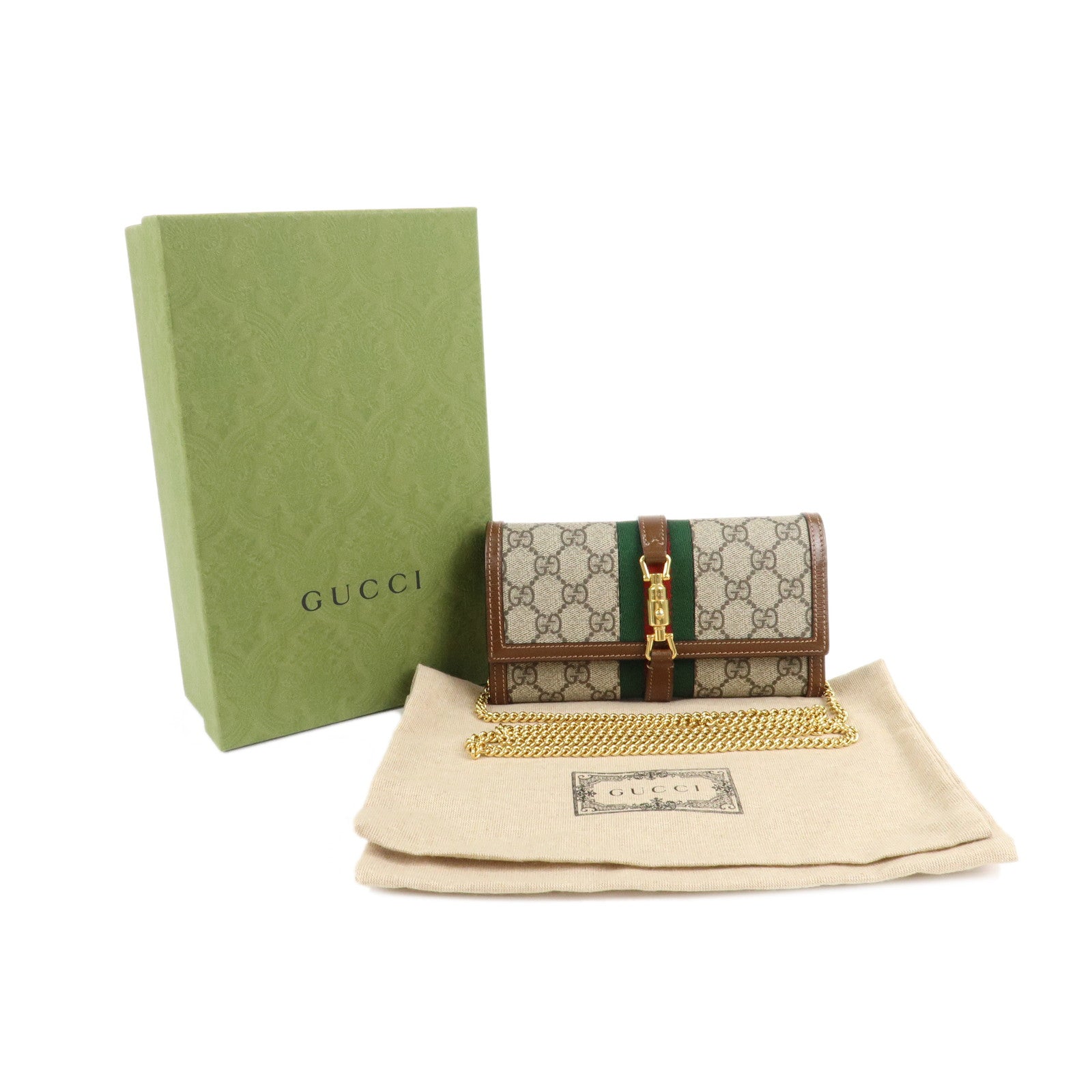 GUCCI Jackie 1961 Sherry GG Supreme Leather Chain Wallet 652681 Used