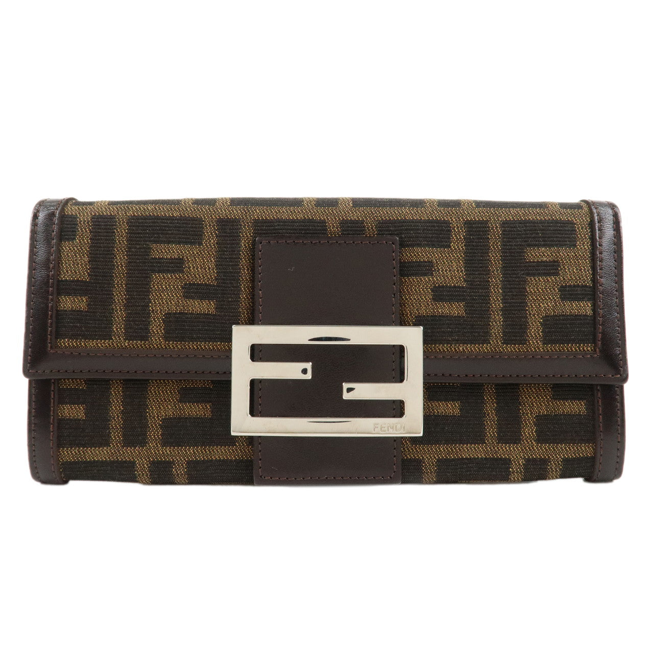 FENDI-Zucca-Canvas-Leather-Bi-fold-Long-Wallet-Brown-Black-31097