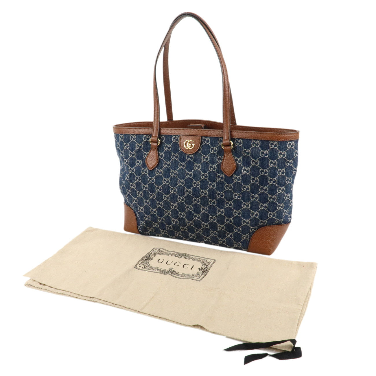 GUCCI Ophidia GG Denim Leather Tote Bag Blue Brown 631685 Used