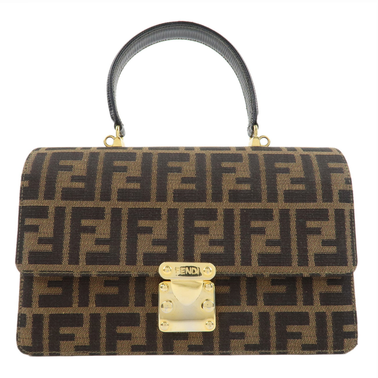 FENDI-Zucca-Canvas-Leather-Hand-Bag-Brown-Black