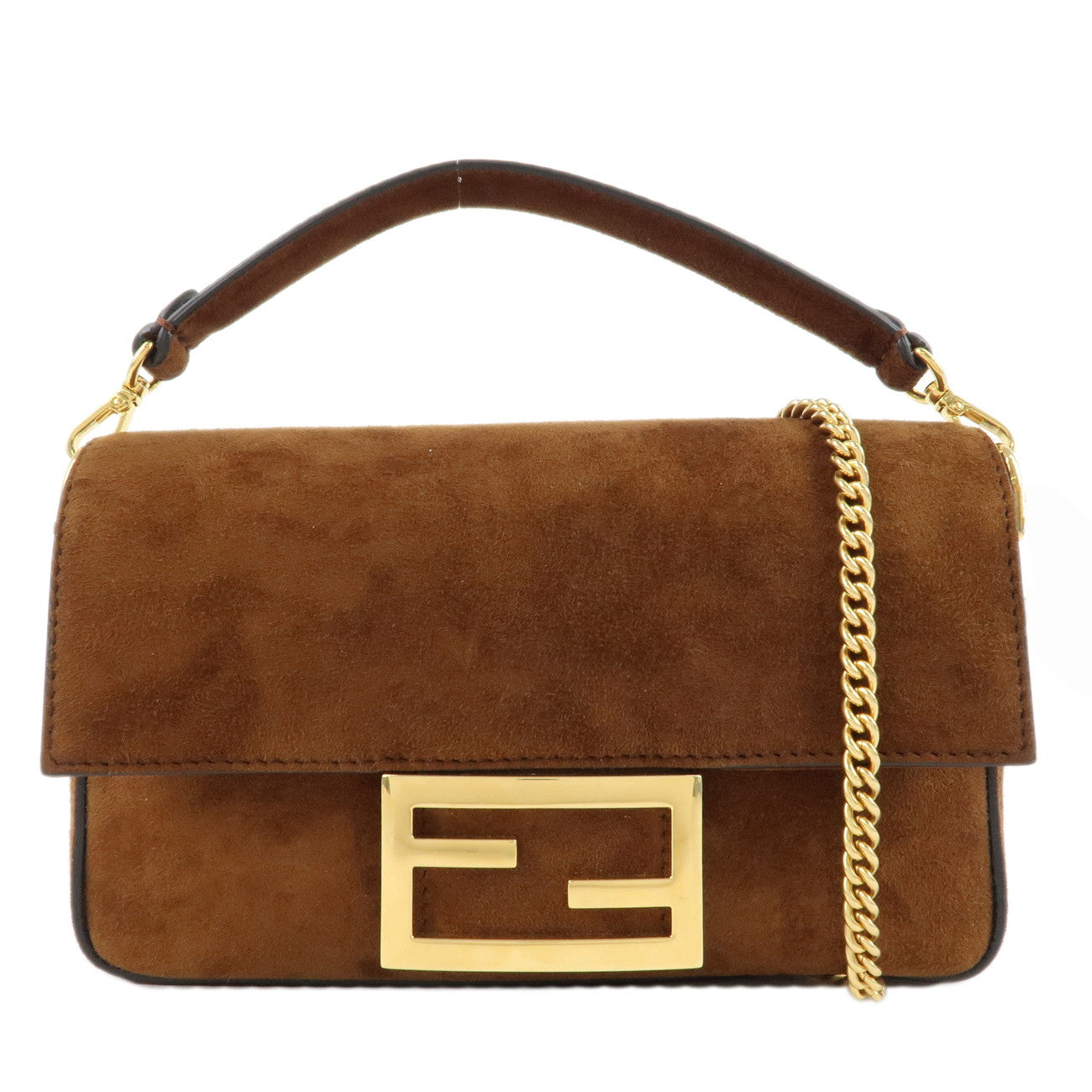 FENDI-Suede-Leather-2Way-Chain-Shoulder-Hand-Bag-Brown-8BS017