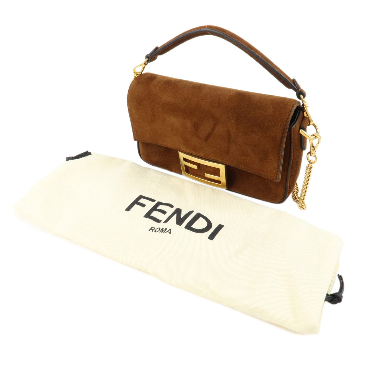 FENDI Suede Leather 2Way Chain Shoulder Hand Bag Brown 8BS017 Used