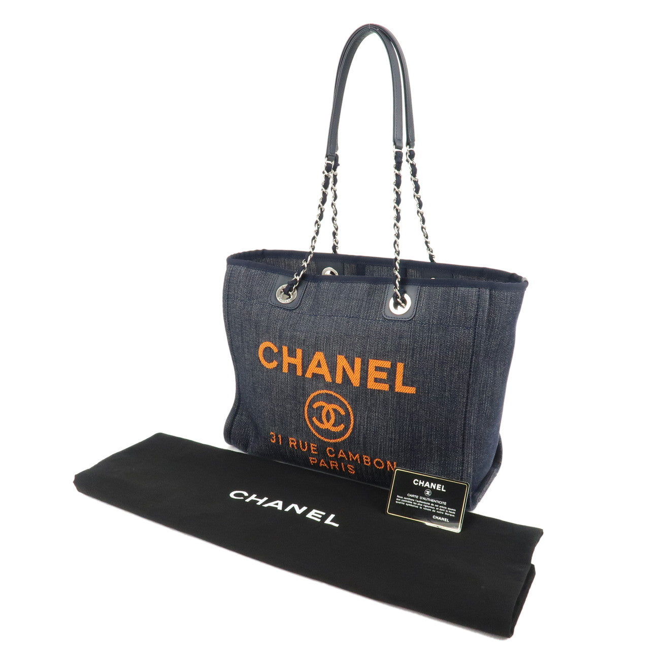 CHANEL Deauville MM Canvas Leather Chain Tote Bag Blue A67001 Used