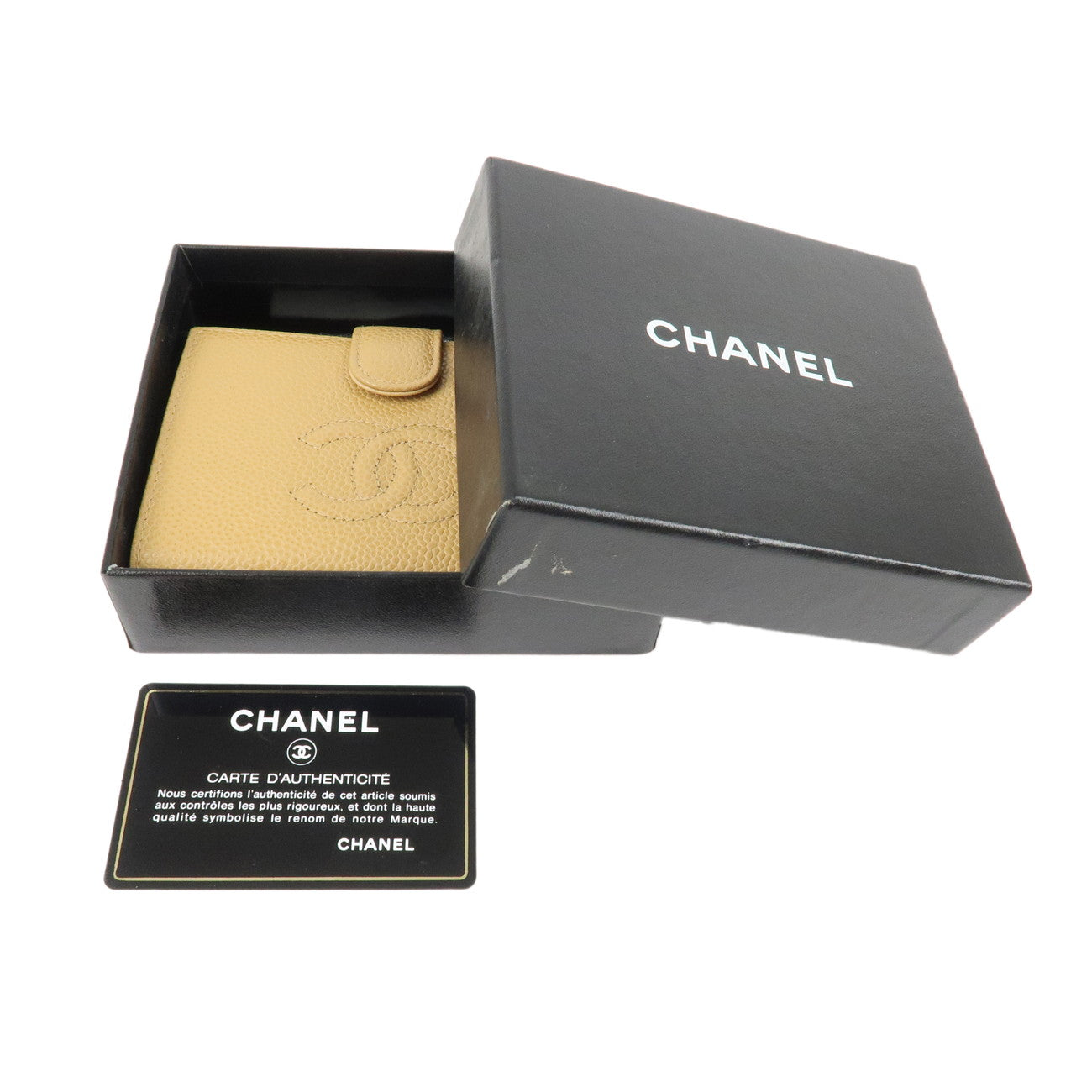 CHANEL Caviar Skin COCO Mark Bi-fold Small Wallet BeigeA13497 Used