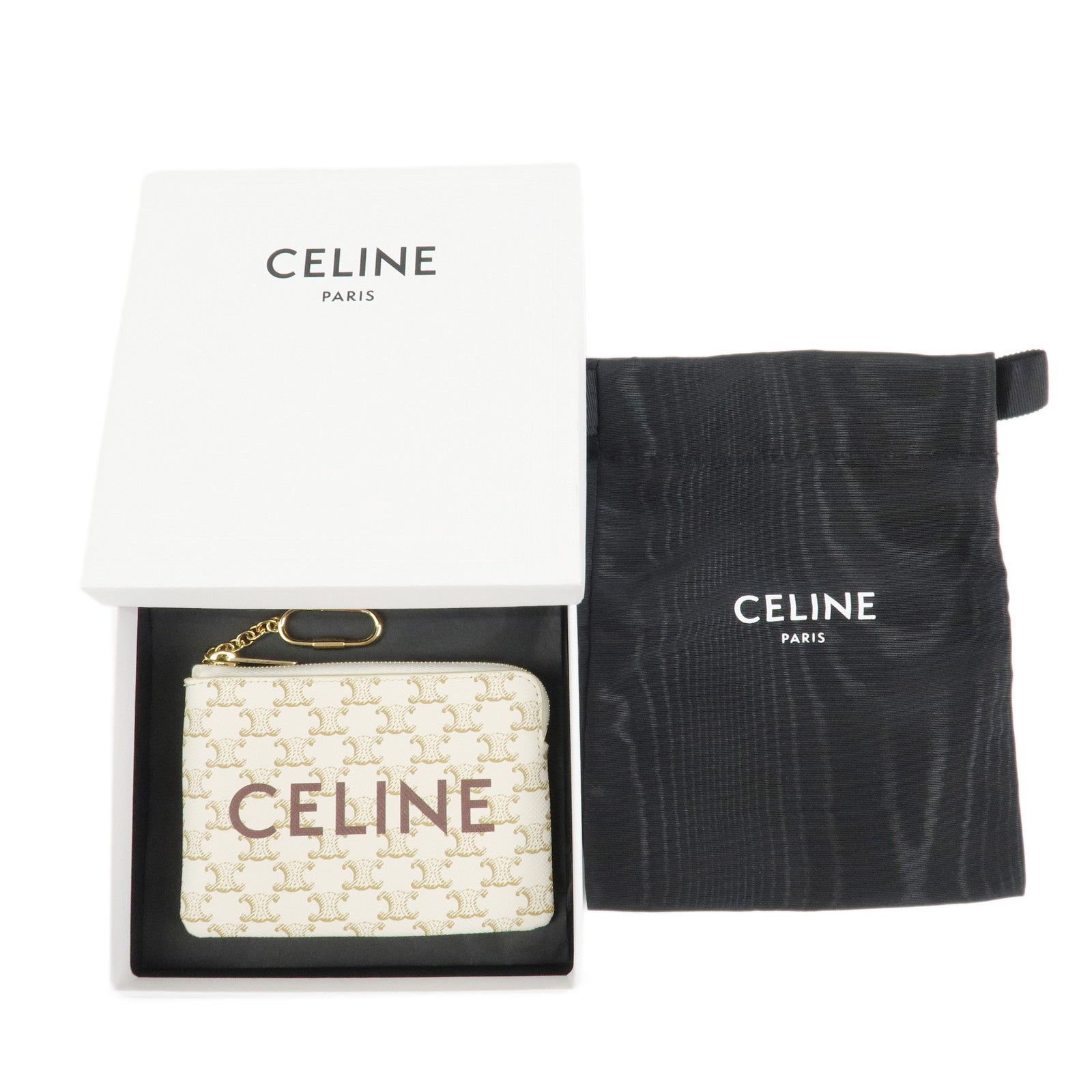 CELINE Triomphe PVC Coin Case Key Case Coin Pouch Ivory Used