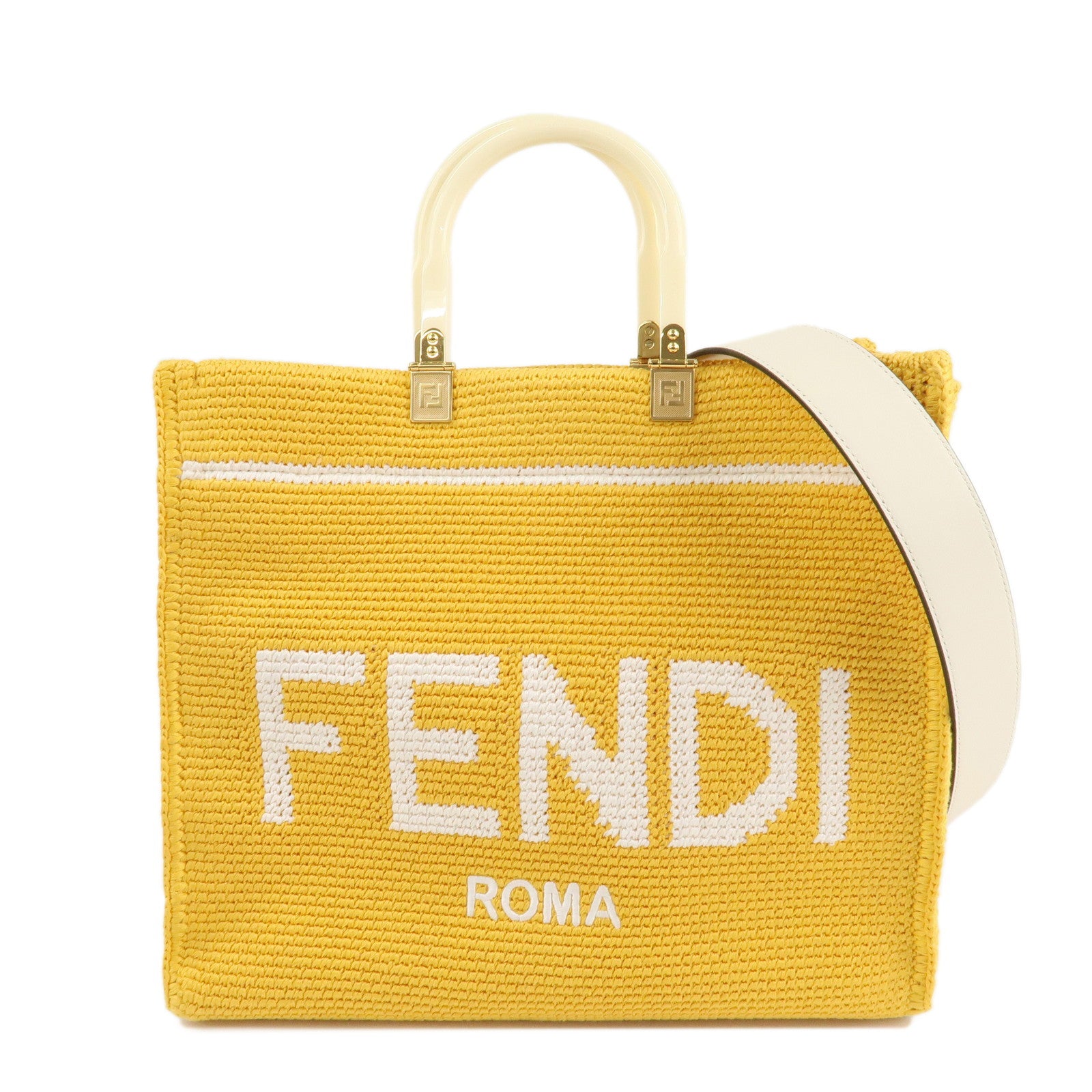 FENDI-Leather-Sunshine-Medium-2Way-Tote-Bag-Hand-Bag-Yellow-8BH386