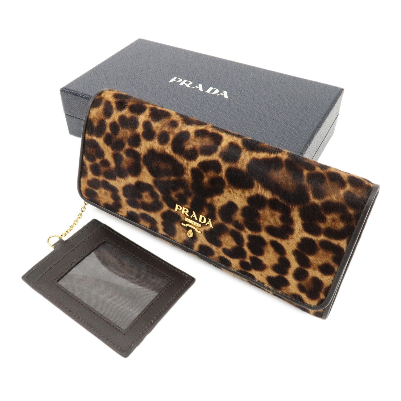 PRADA Unborn Calf Leather Leopard Bi-fold Wallet Brown Black 1M132