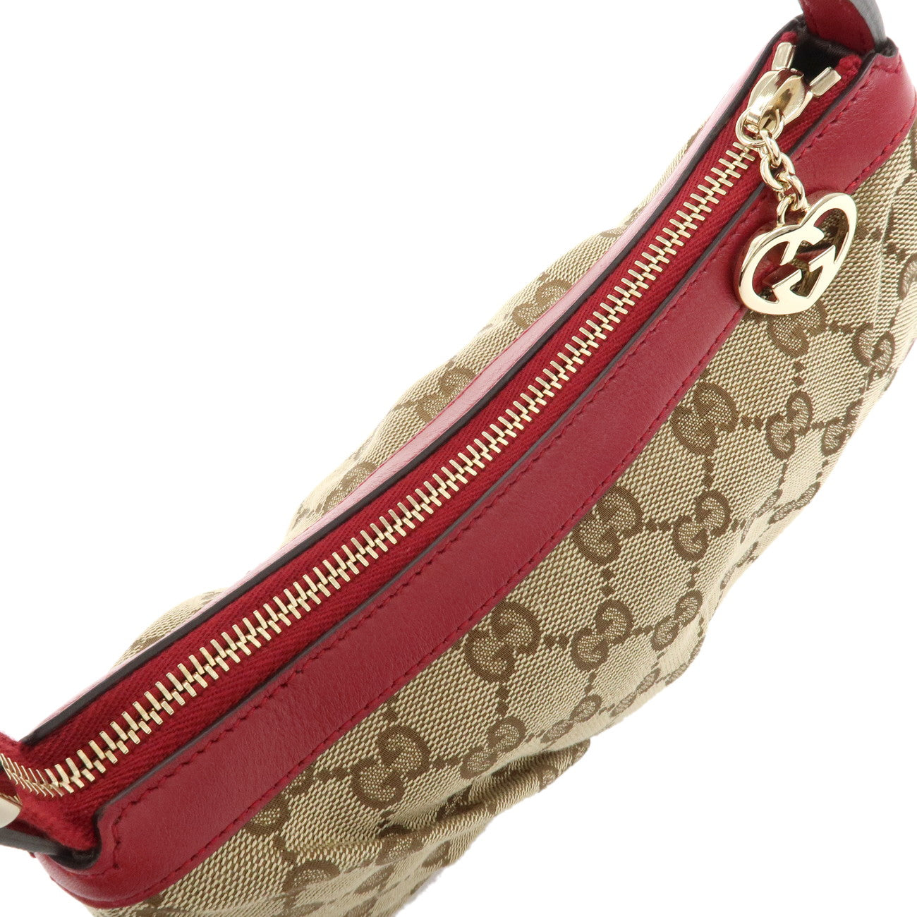 GUCCI GG Canvas Leather Hand Bag Pouch Beige Red 245938