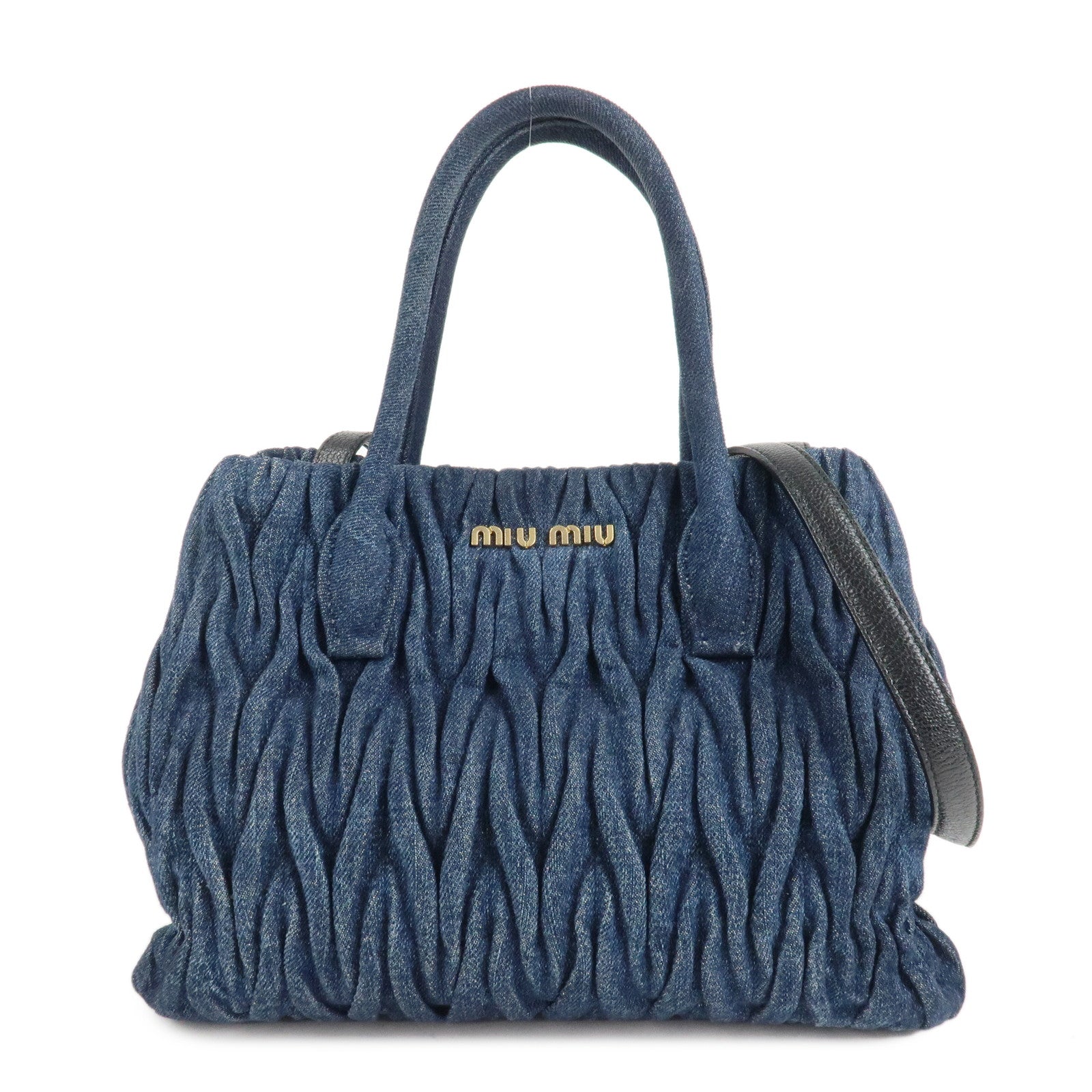 MIU-MIU-Matelasse-Denim-2Way-Bag-Hand-Bag-Shoulder-Bag-Blue