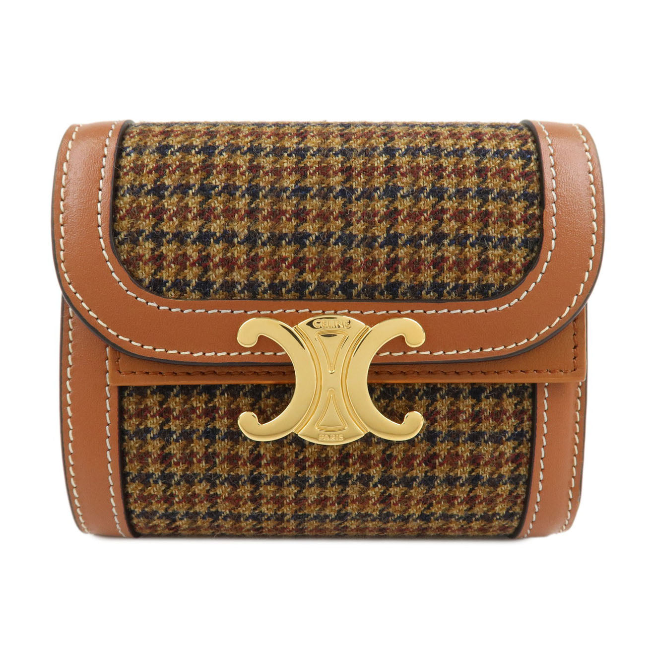 CELINE-Triomphe-Wool-Leather-Compact-Wallet-Houndstooth-Brown