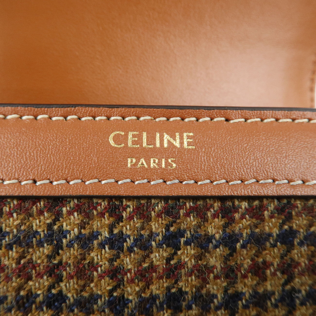 CELINE Triomphe Wool Leather Compact Wallet Houndstooth Brown Used