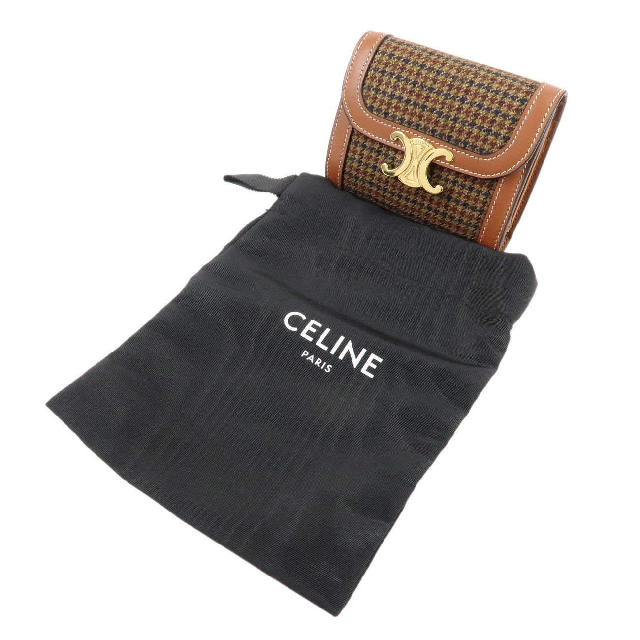 CELINE Triomphe Wool Leather Compact Wallet Houndstooth Brown Used