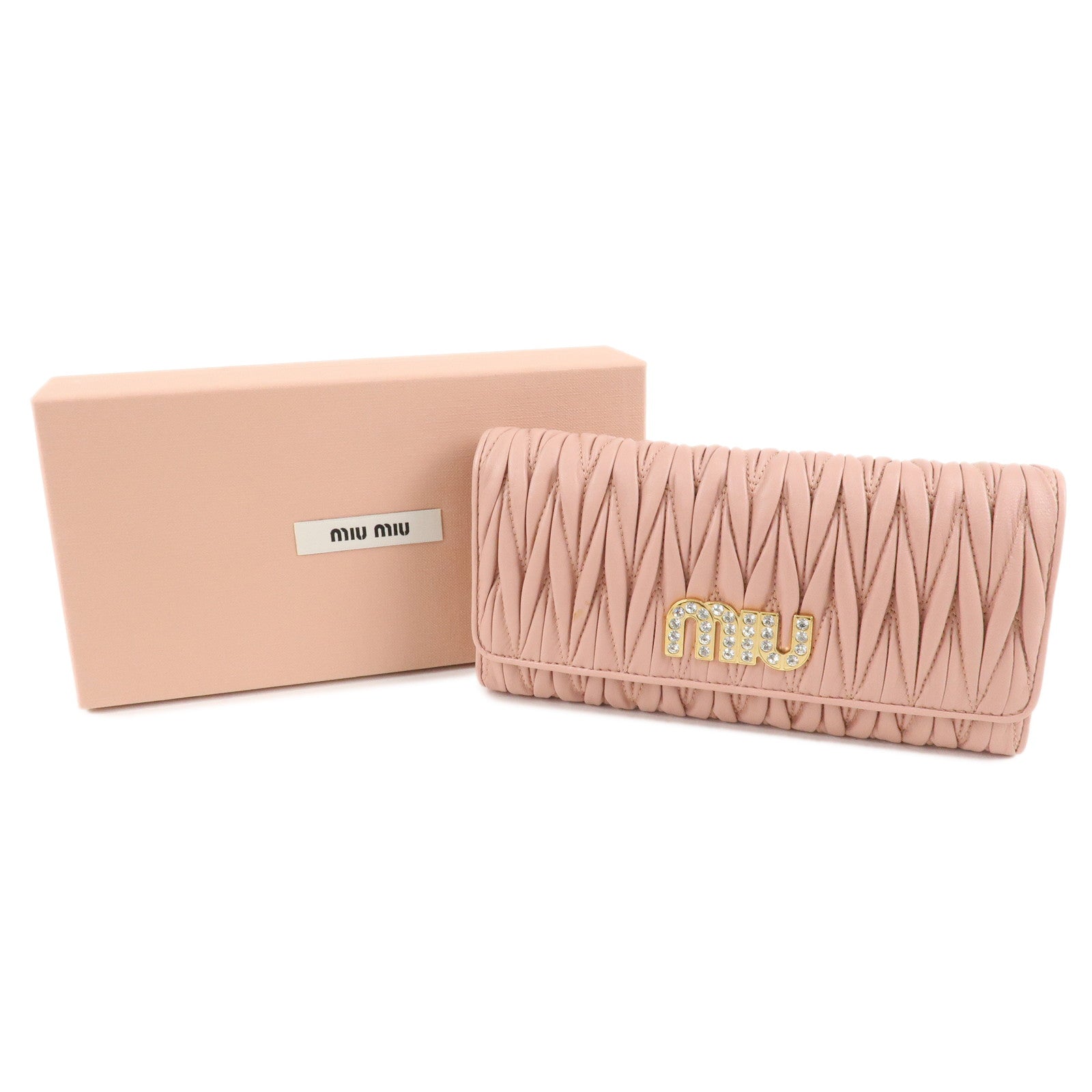 MIU MIU Matelasse MIU’C Bijou Leather Hook Long Wallet Pink 5MH109 Used