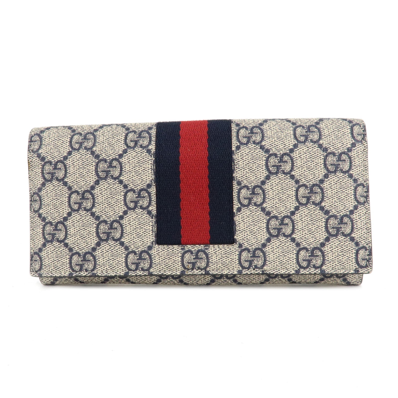 GUCCI-Sherry-GG-Supreme-Leather-Bifold-Long-Wallet-408830-Navy