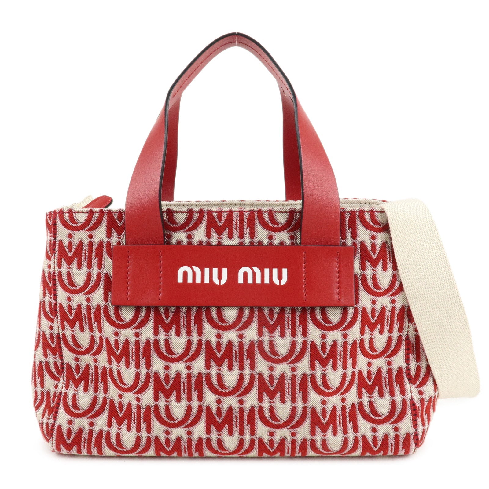 MIU-MIU-Canvas-Leather-Everywhere-2Way-Beige-Red-5BA085