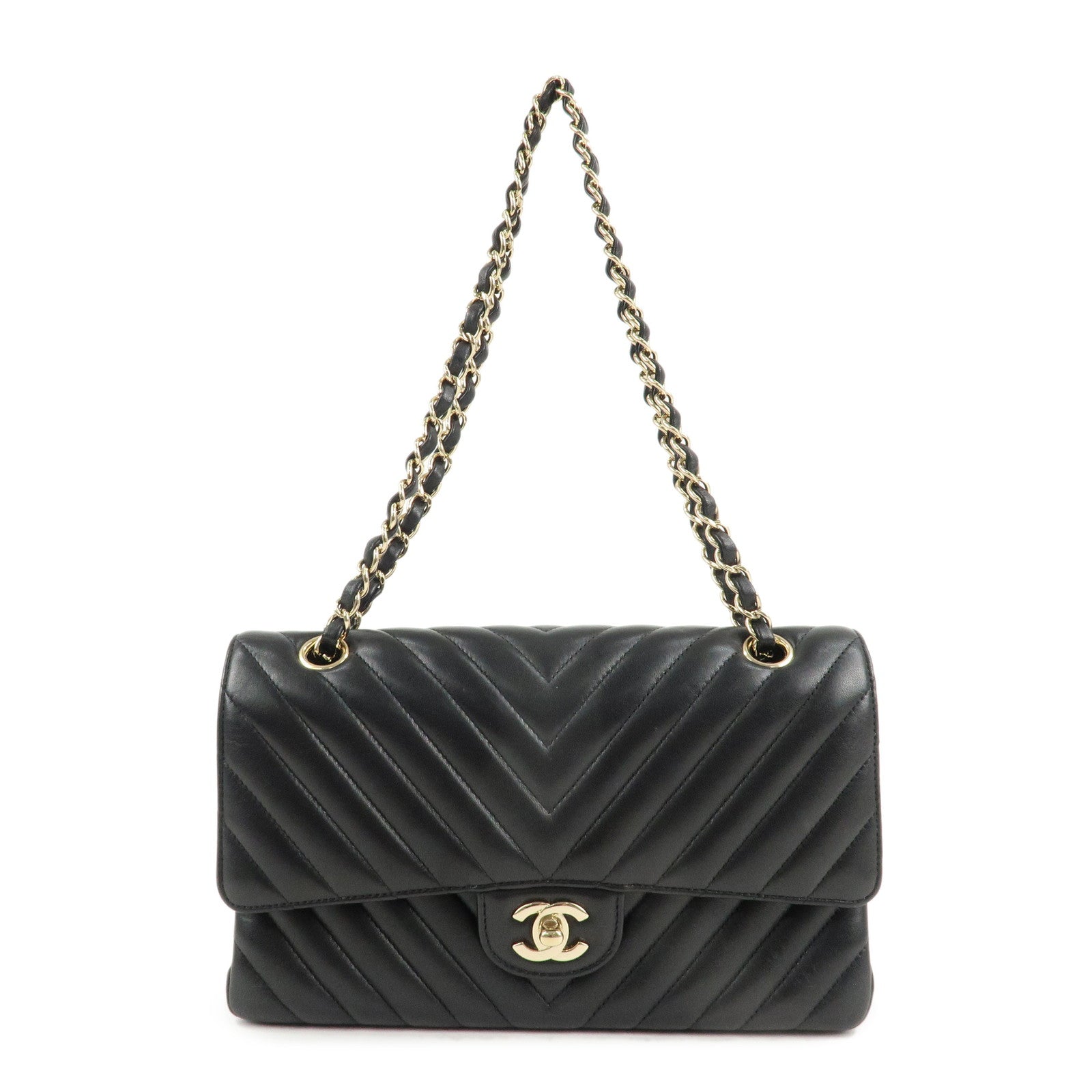 CHANEL-Shevron-Lamb-Skin-V-Stiches-W-Chain-Shoulder-Bag-A01166