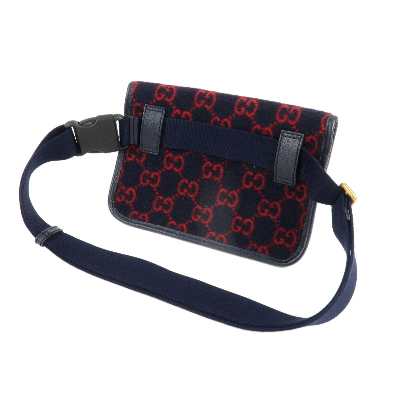 GUCCI Gucci GG Wool Leather Waist Bag Navy Red 598181 Used