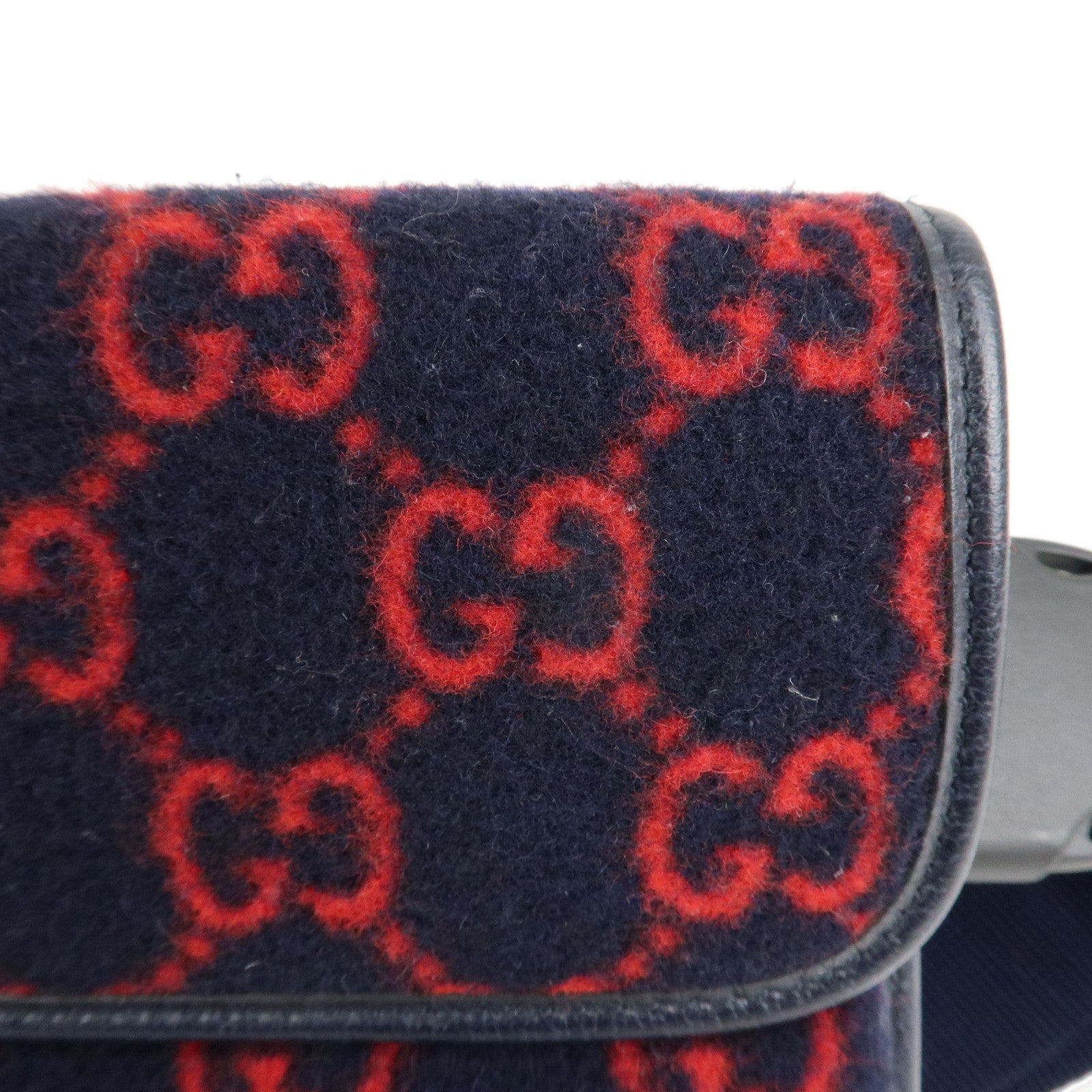 GUCCI Gucci GG Wool Leather Waist Bag Navy Red 598181 Used