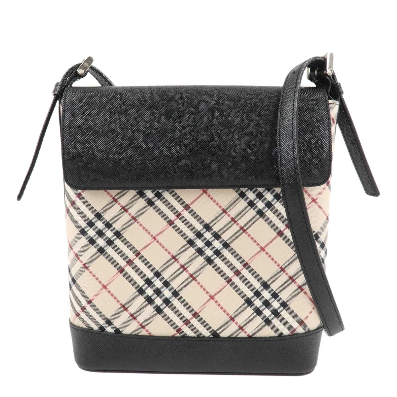 BURBERRY-Nova-Plaid-Nylon-Leather-Shoulder-Bag-Beige-Black