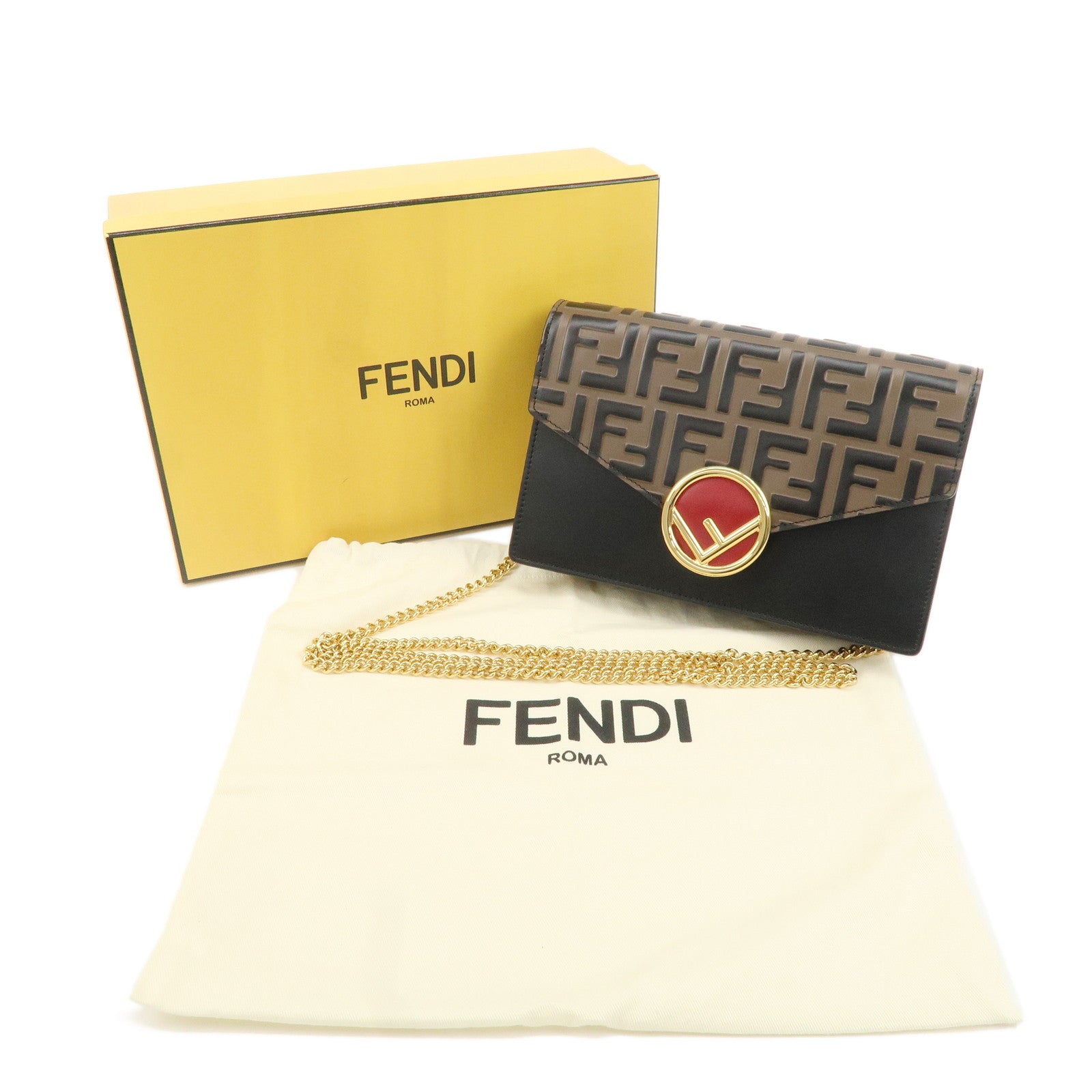 FENDI F is FENDI Leather Chain Shoulder Bag Black Brown 8BS006 Used