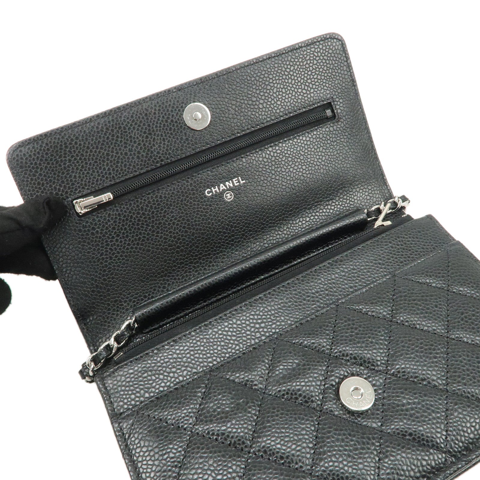 CHANEL Caviar Skin Chain Wallet Purse Black Silver AP0250