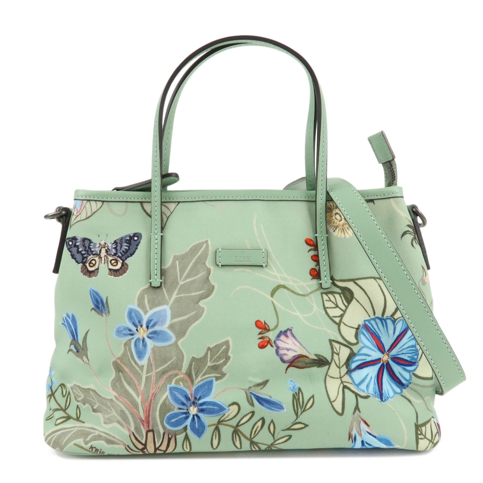 GUCCI-Flora-Canvas-Leather-2Way-Bag-Tote-Bag-Green-353440