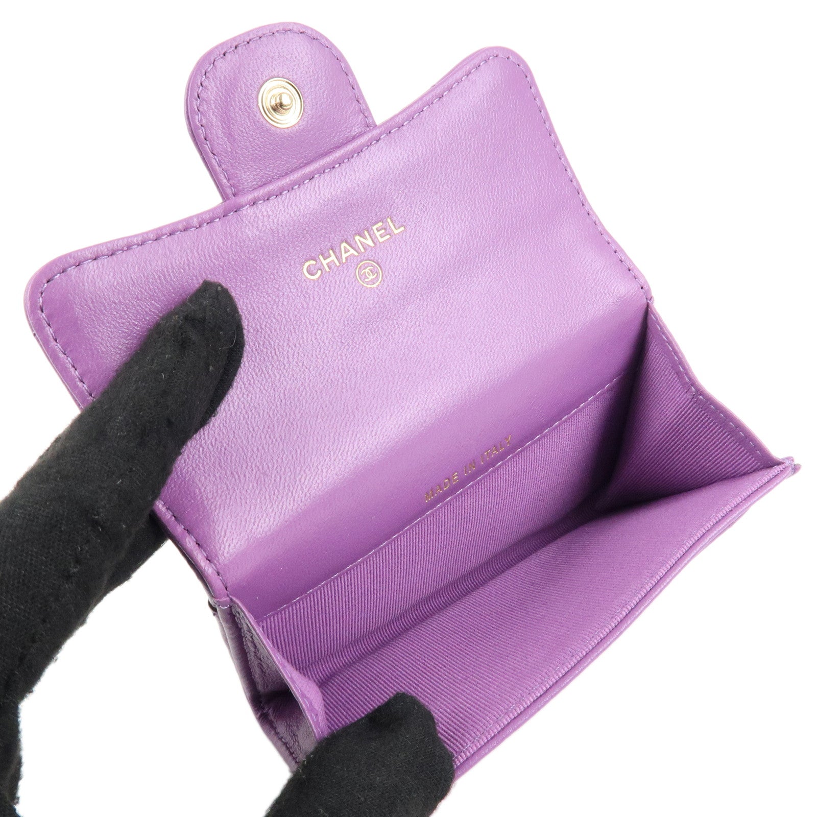 CHANEL Matelasse Lamb Skin Card Case Purple AP0214