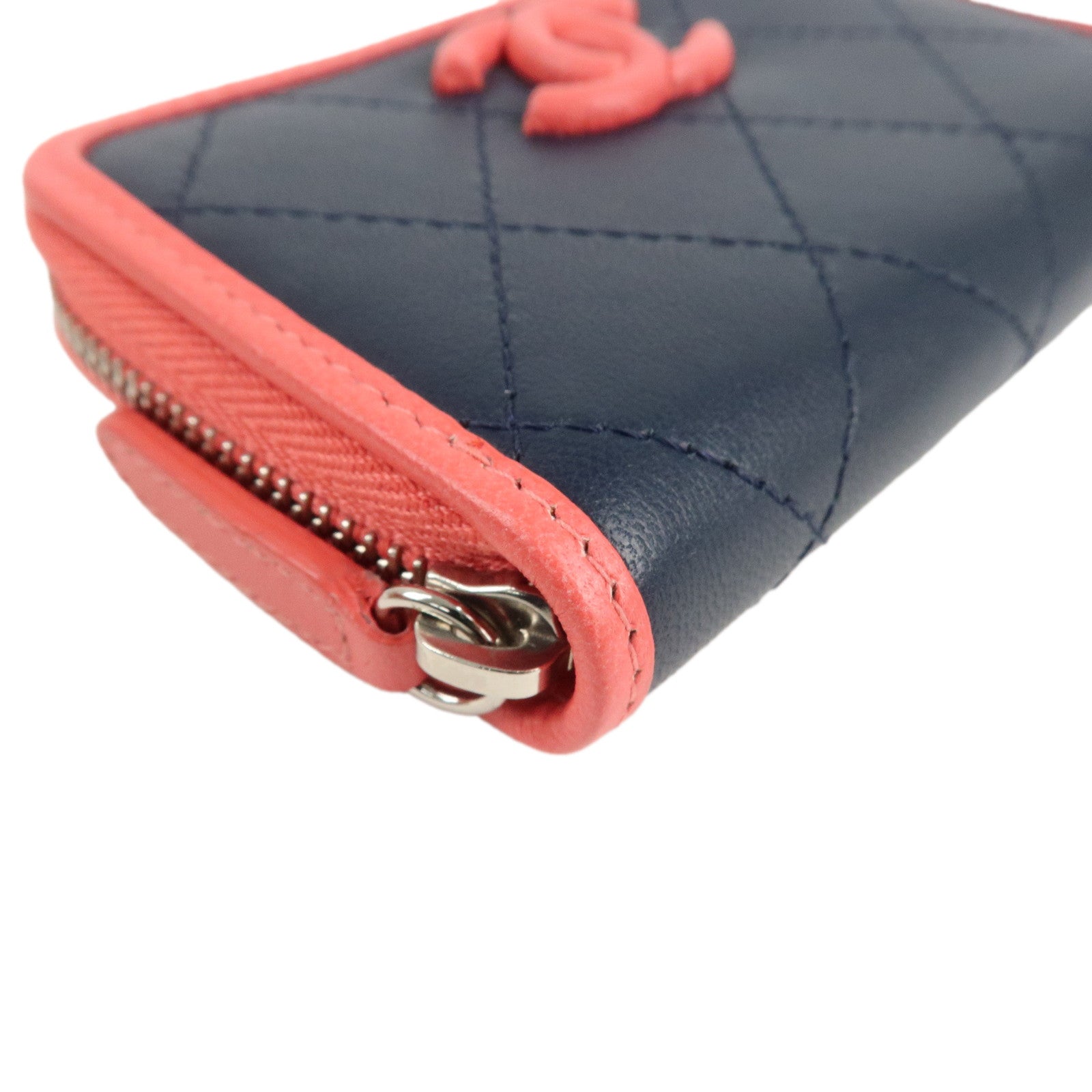 CHANEL COCO Mark Matelasse Leather Coin Case Navy Pink