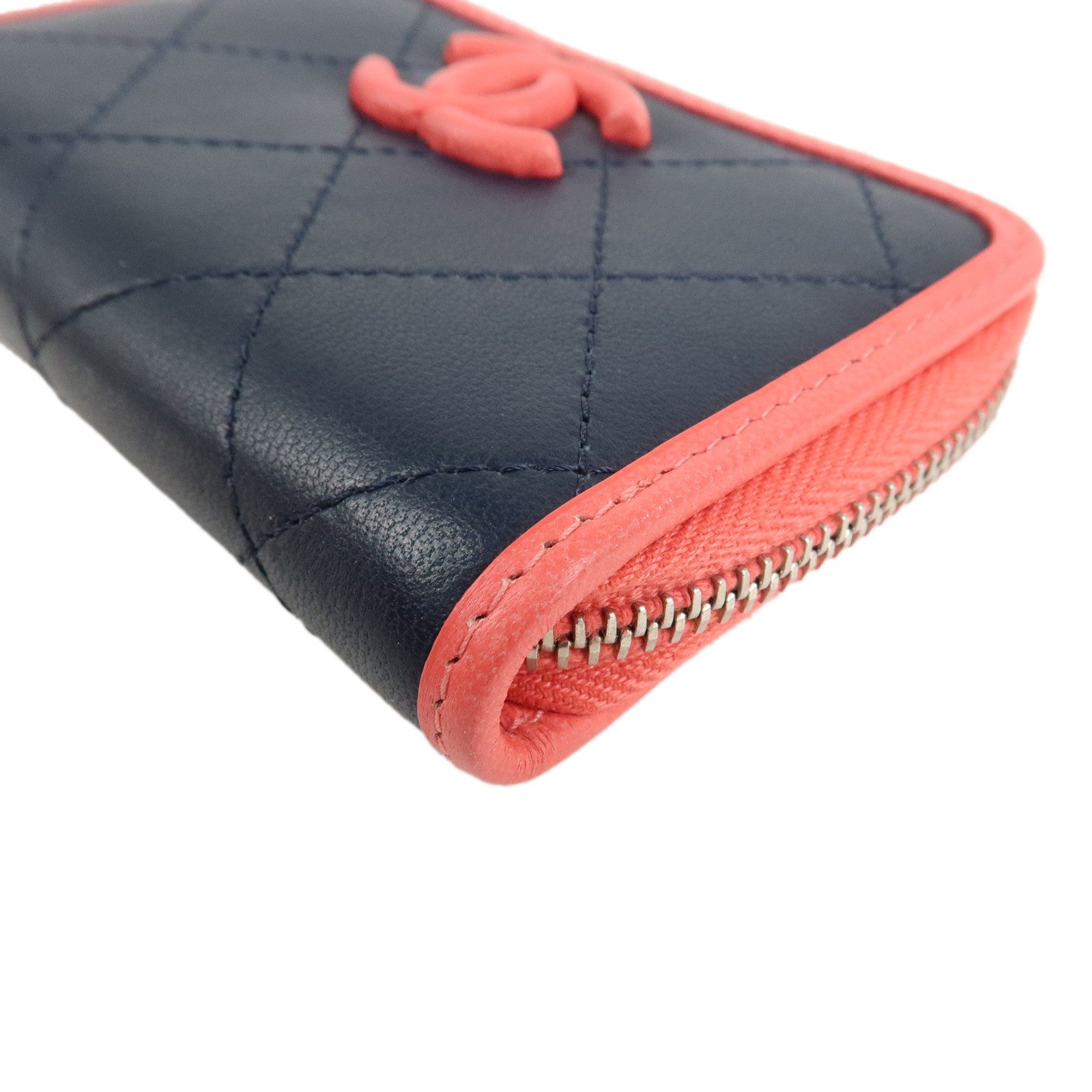 CHANEL COCO Mark Matelasse Leather Coin Case Navy Pink