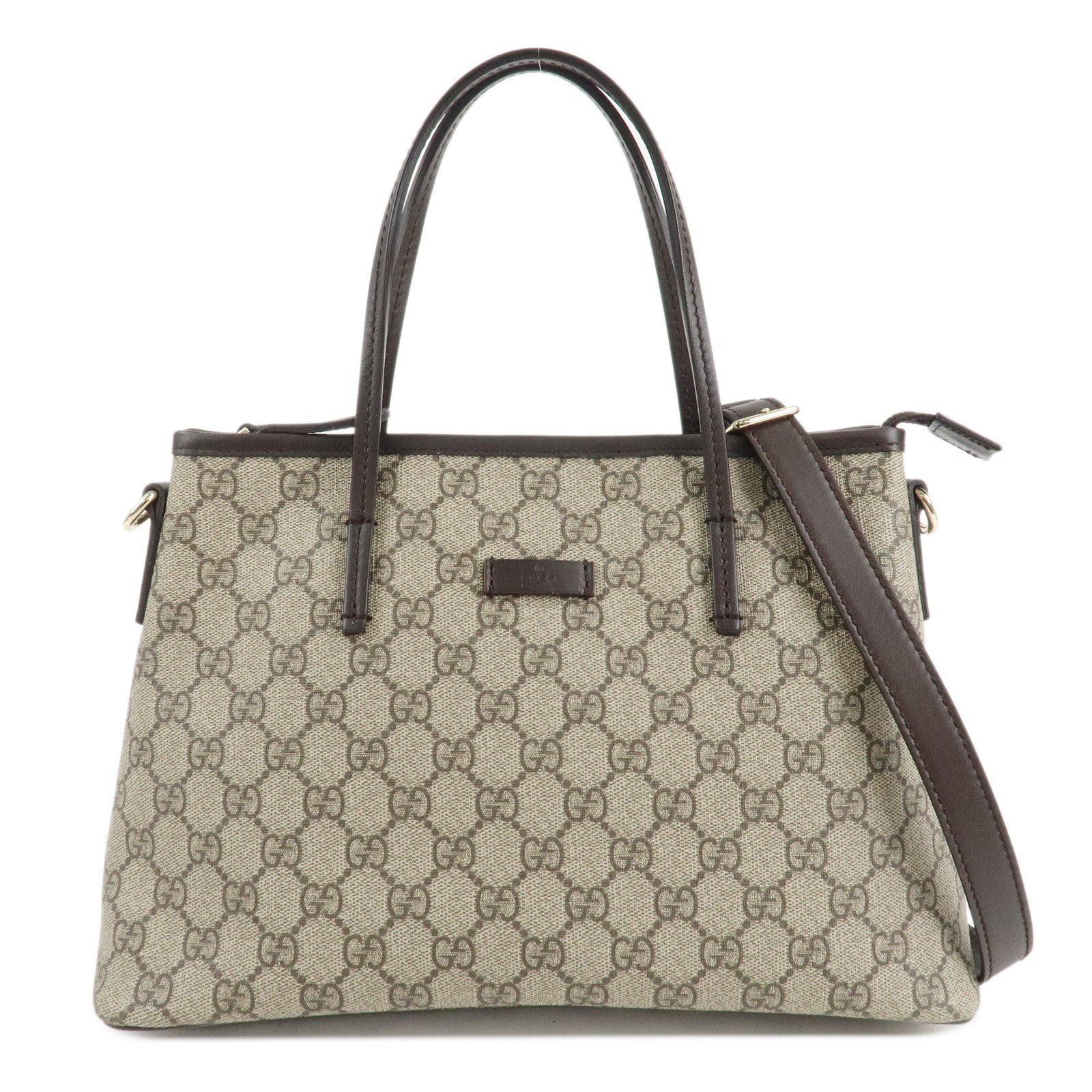 GUCCI-GG-Supreme-Leather-2Way-Bag-Beige-Dark-Brown-353440