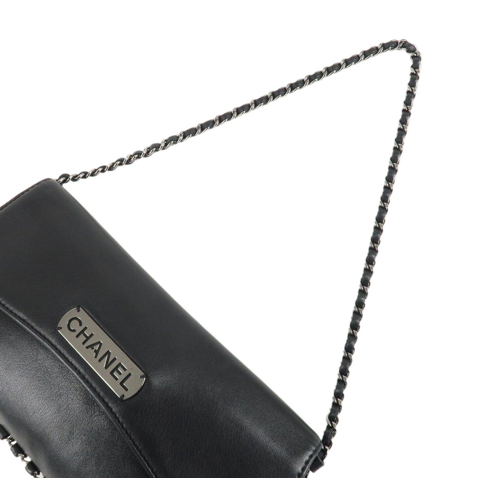 CHANEL Logo Lamb Skin Chain Shoulder Bag Black Silver HDW