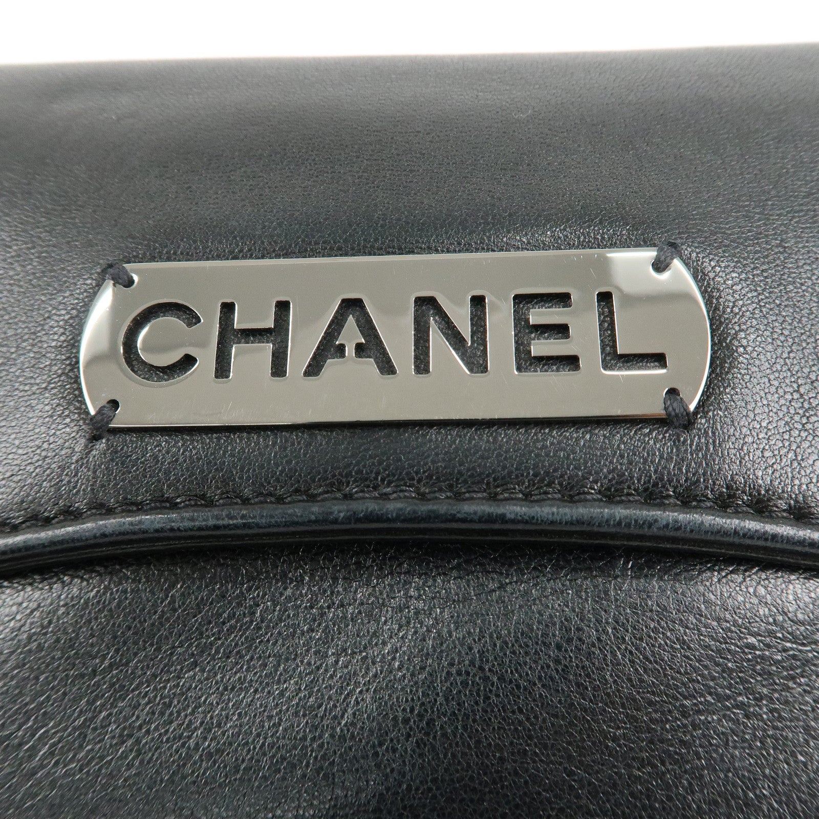 CHANEL Logo Lamb Skin Chain Shoulder Bag Black Silver HDW