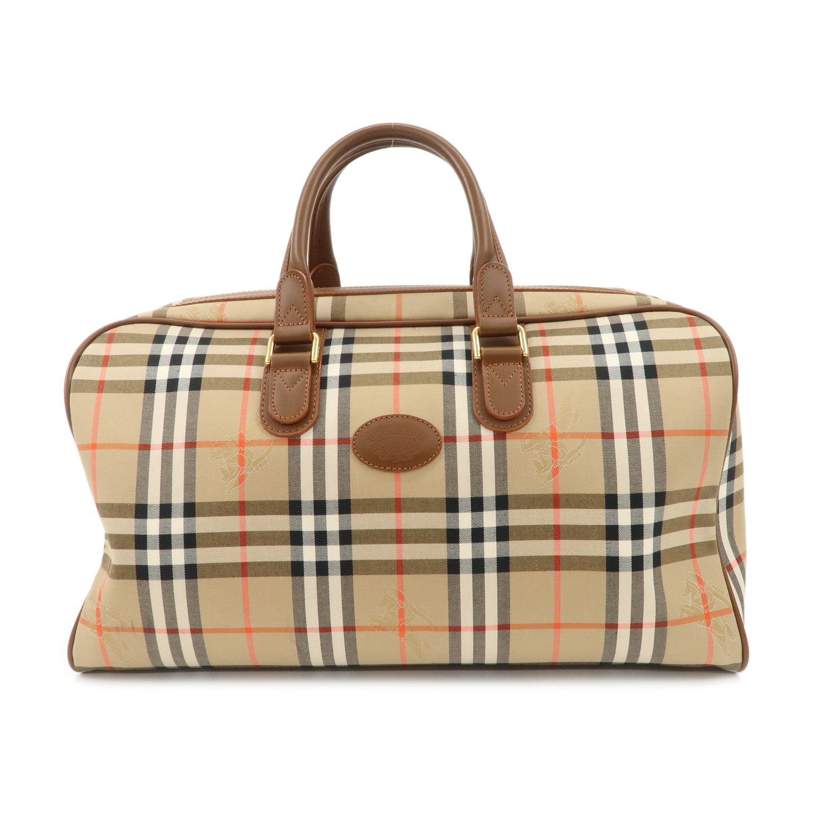 BURBERRY-Canvas-Leather-Nova-Plaid-Boston-Bag-Hand-Bag-Brown