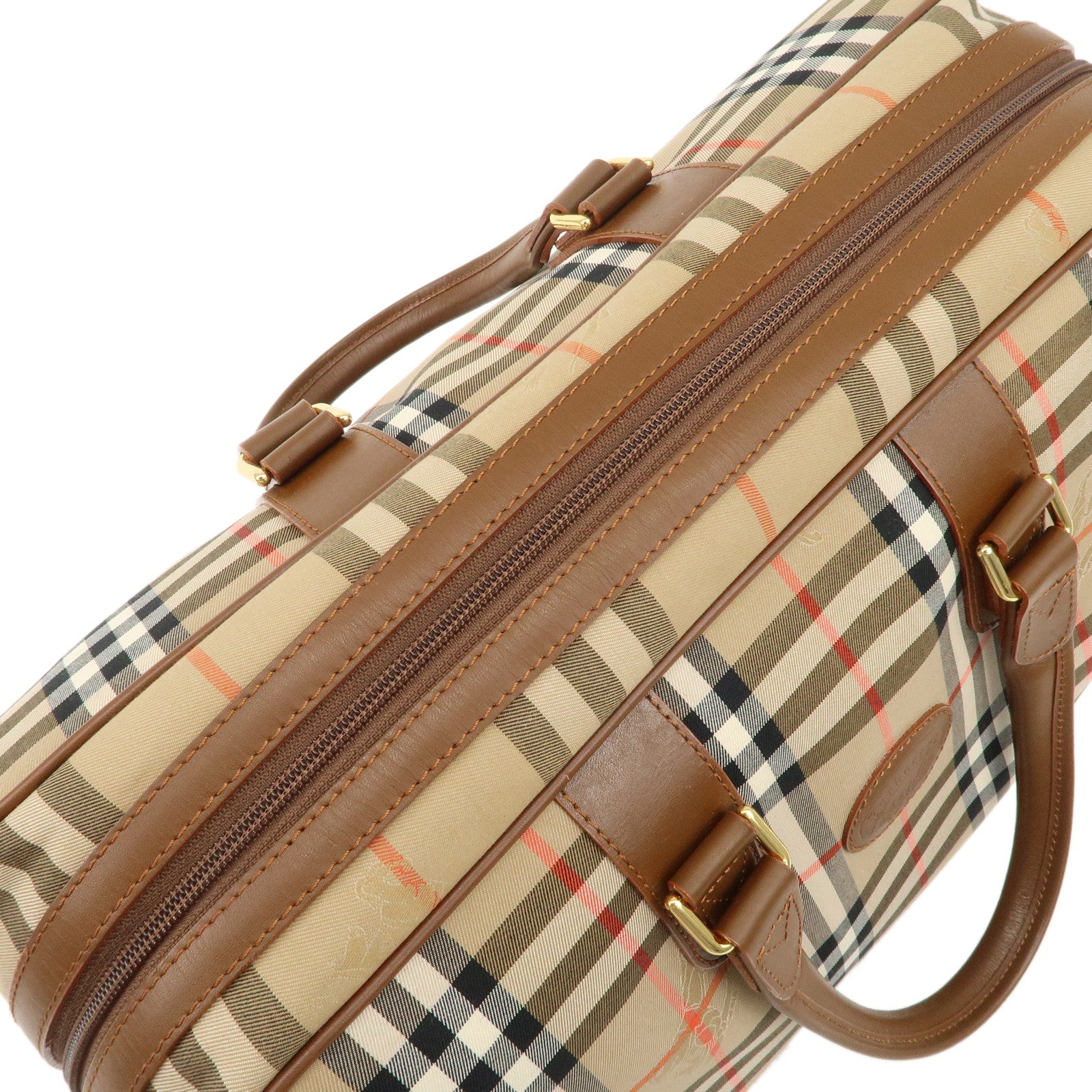 BURBERRY Canvas Leather Nova Plaid Boston Bag Hand Bag Brown