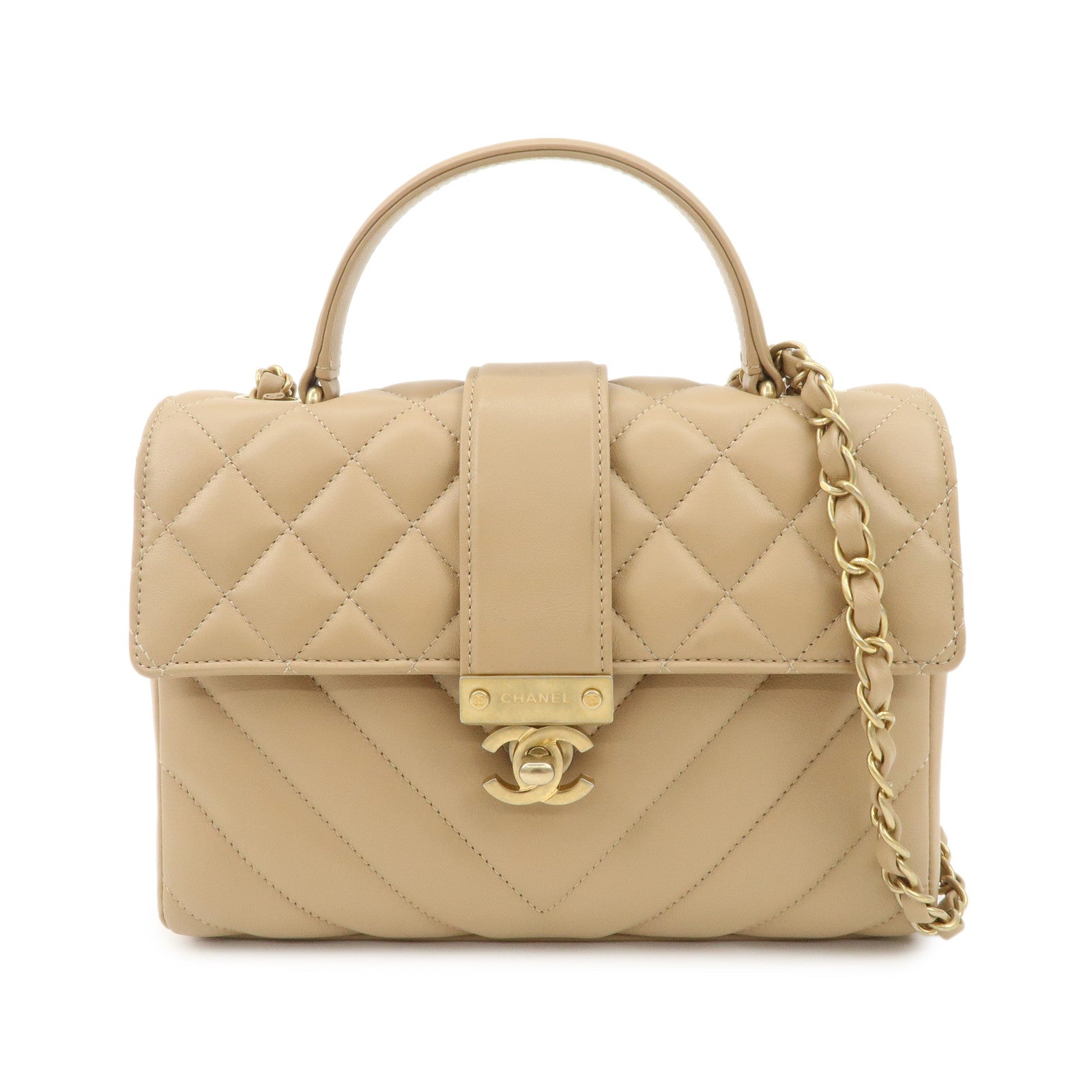 CHANEL-Matelasse-V-Stitch-Lamb-Skin-Top-Handle-2Way-Bag-AS0804