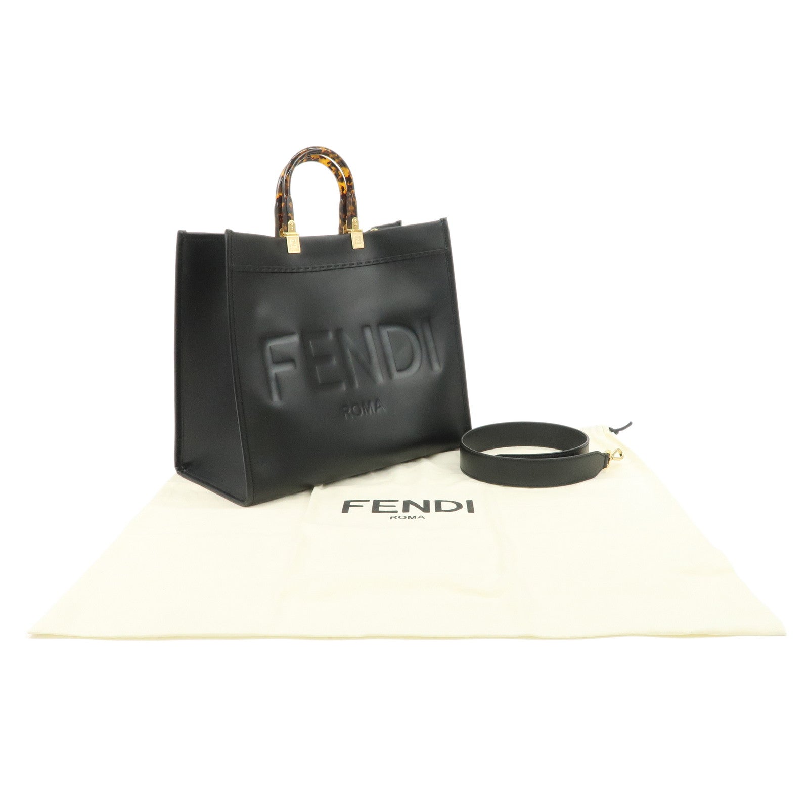 FENDI Zucca Large Leather Sunshine Tote Bag Black 8BH372 Used