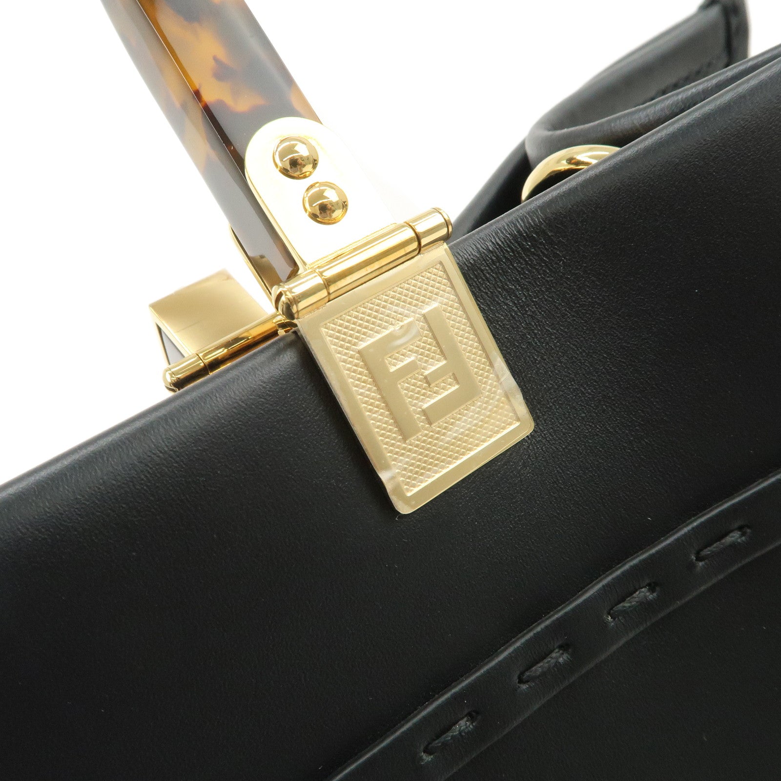 FENDI Zucca Large Leather Sunshine Tote Bag Black 8BH372 Used