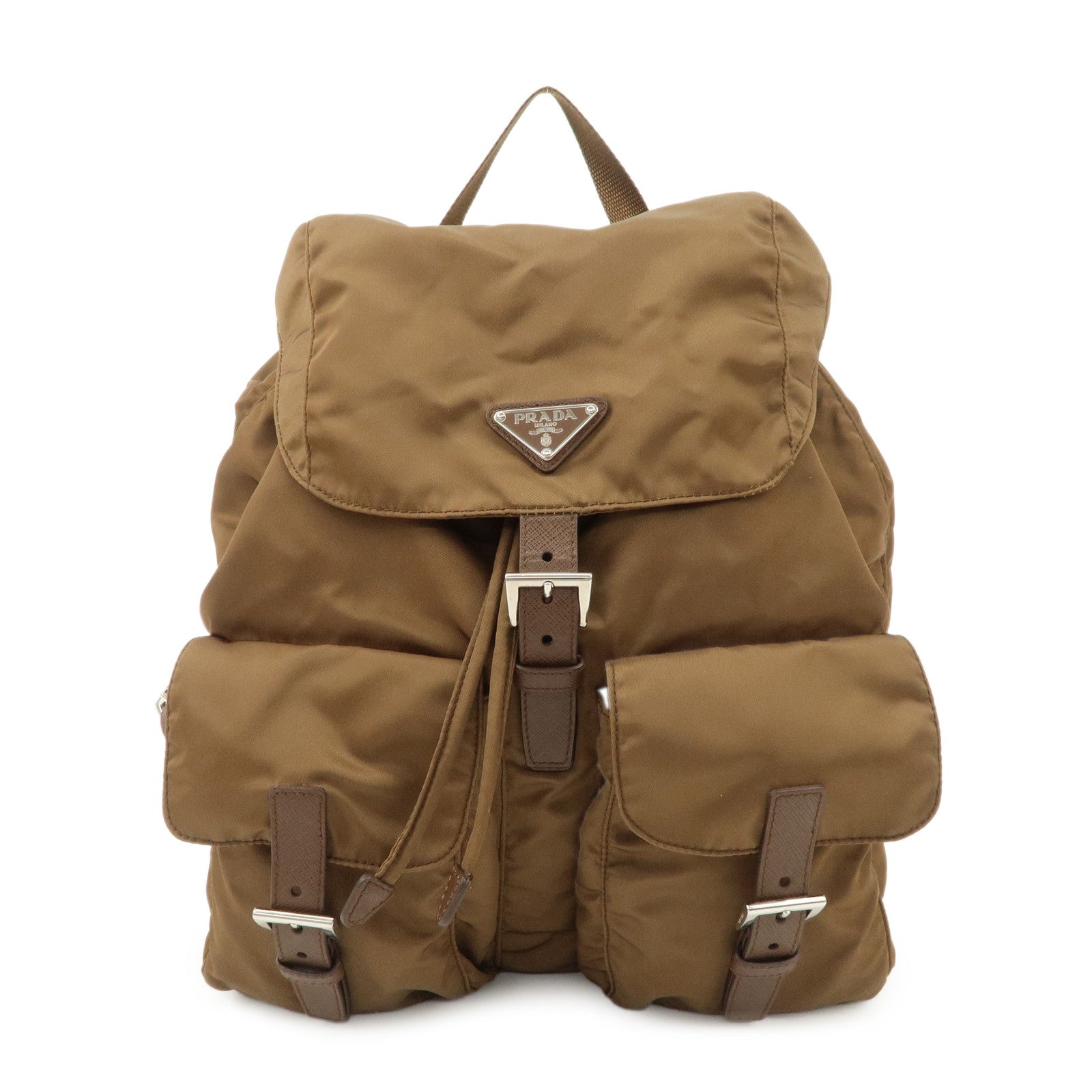 PRADA-Triangle-Logo-Nylon-Leather-Backpack-Rucksack-Brown