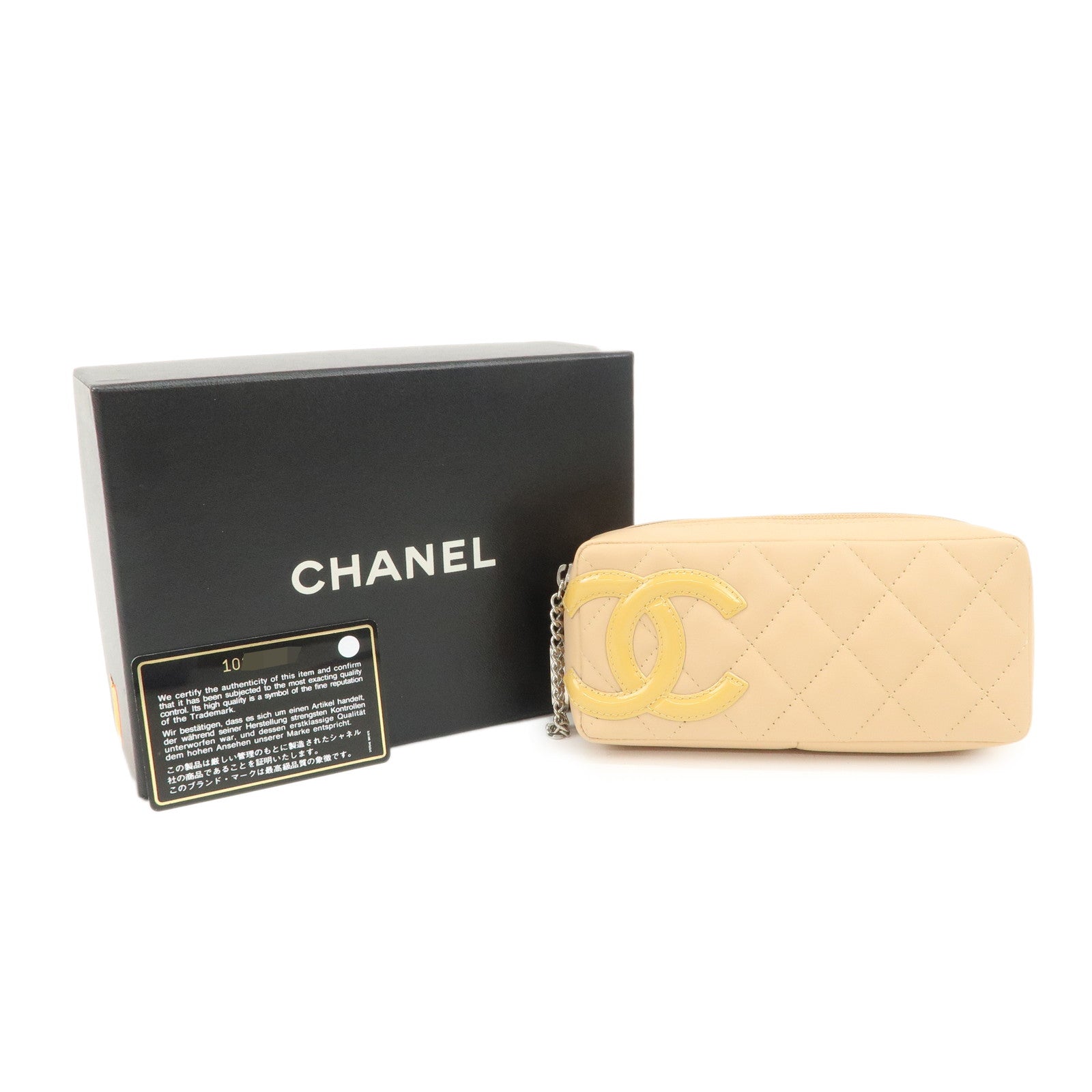 CHANEL Cambon Line Lamb Skin Small Pouch Beige Used